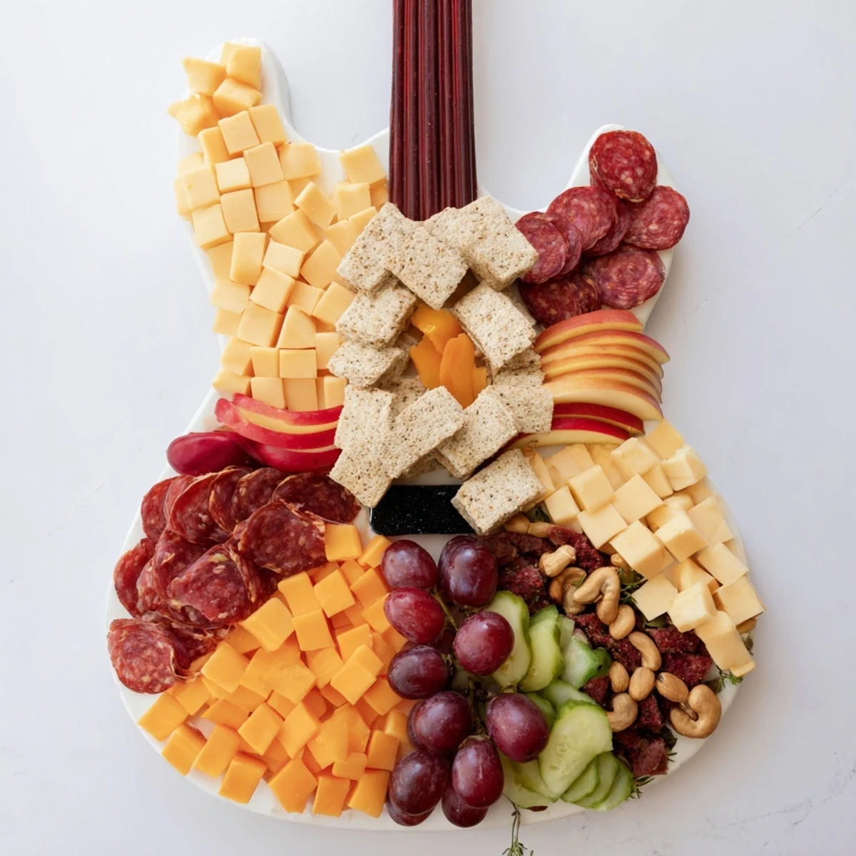 Party-ready Rock Star Guitar Platter offers a delicious mosaic of snacks for easy snacking.