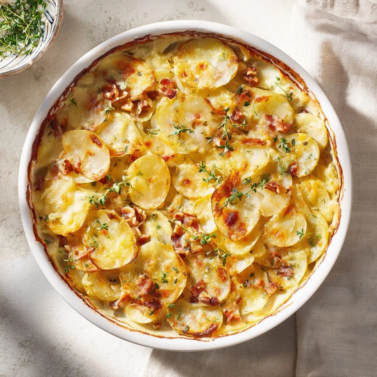 A golden bubbly Plateau Moufle Chaud et Confortable with melted Gruyère, potatoes, and ham, ready to serve.