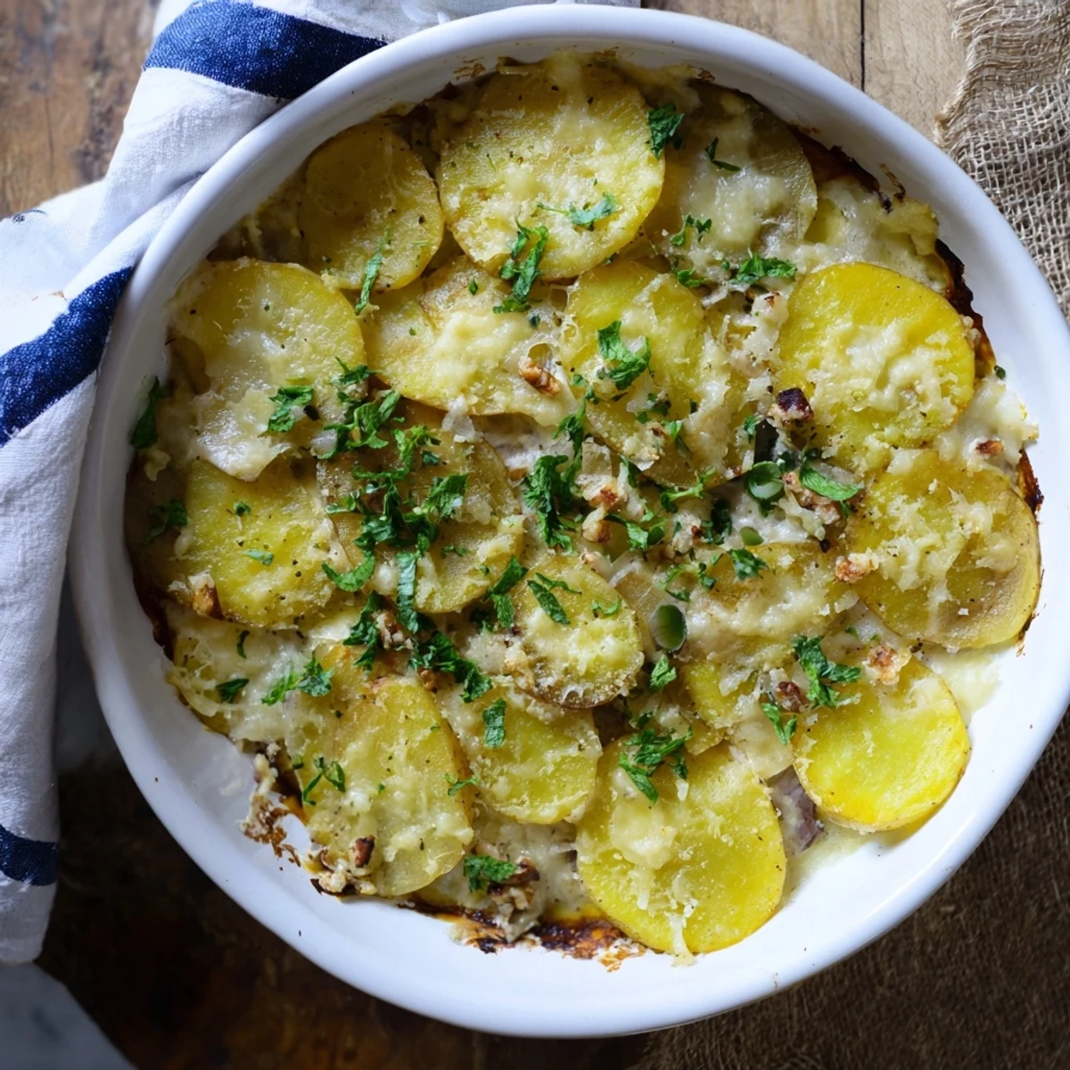 Hot and bubbling, a visually appealing Plateau Moufle Chaud et Confortable featuring layered potatoes, cheese, and ham.