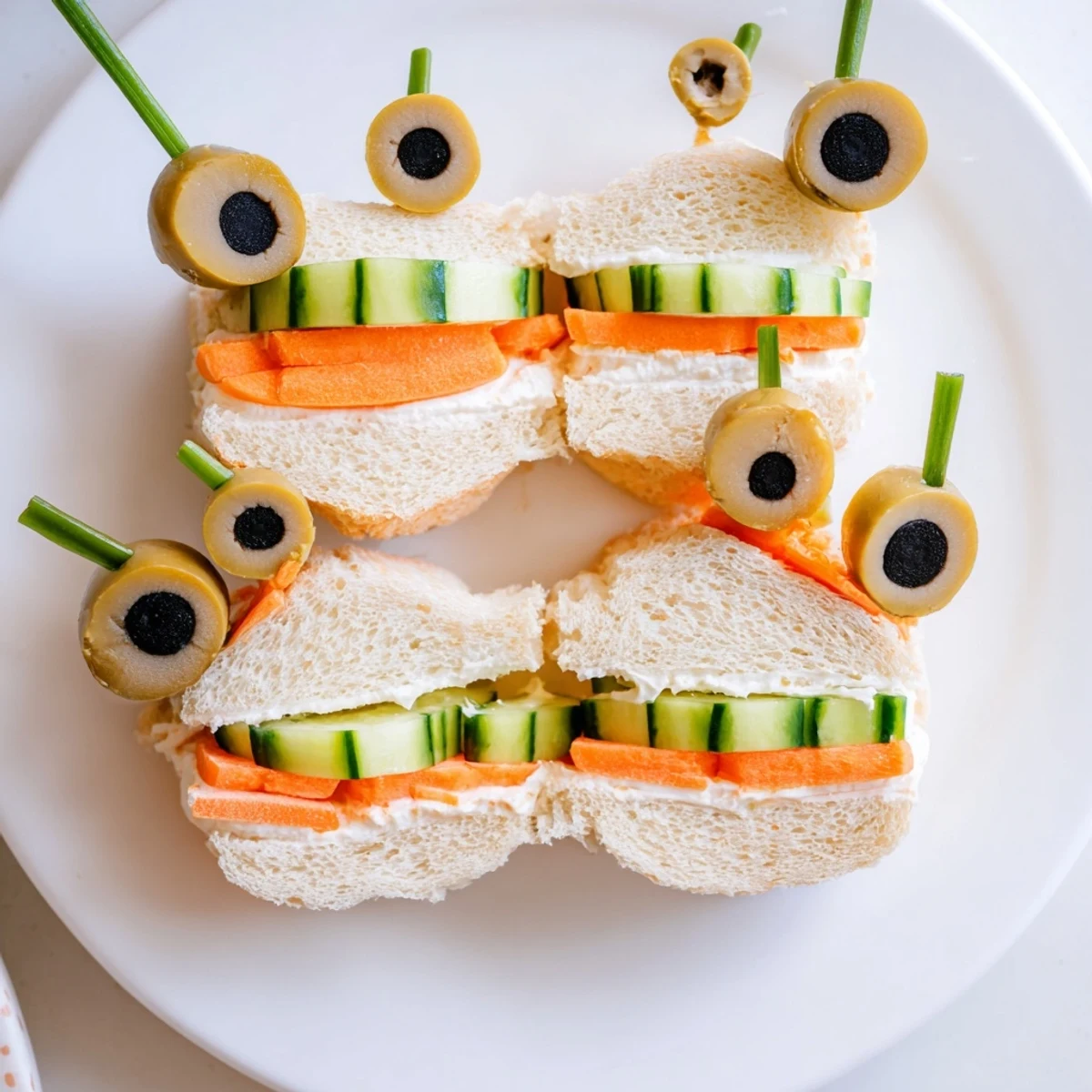 Playful bee sandwich cutouts on a festive board, with red grapes and strawberries alongside.