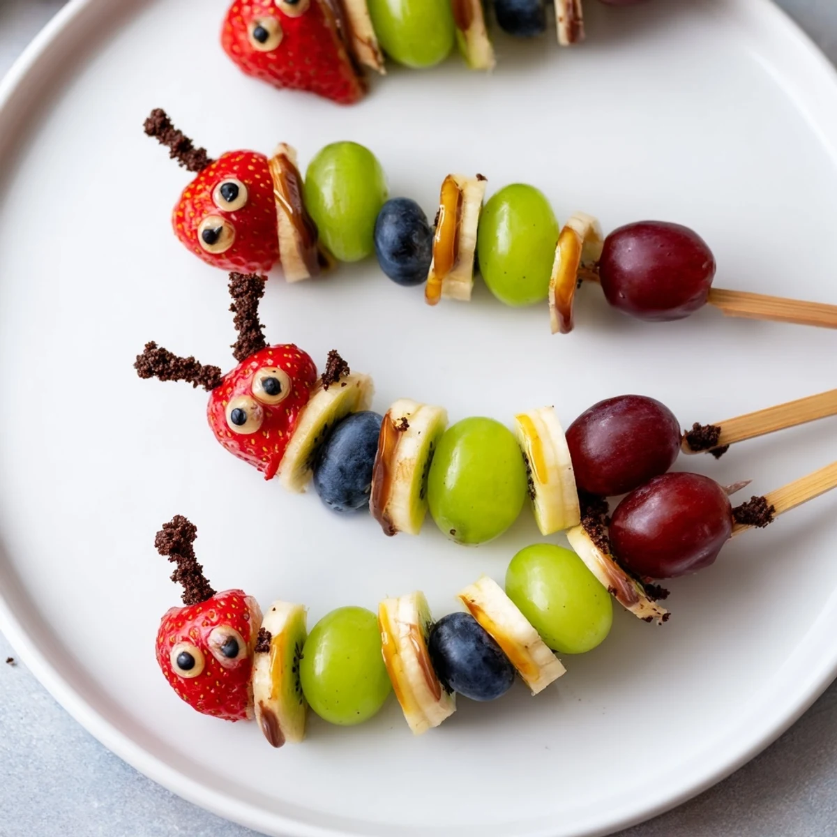 Colorful Caterpillar Fruit Skewer track with strawberries, grapes, and kiwi arranged like happy caterpillars.