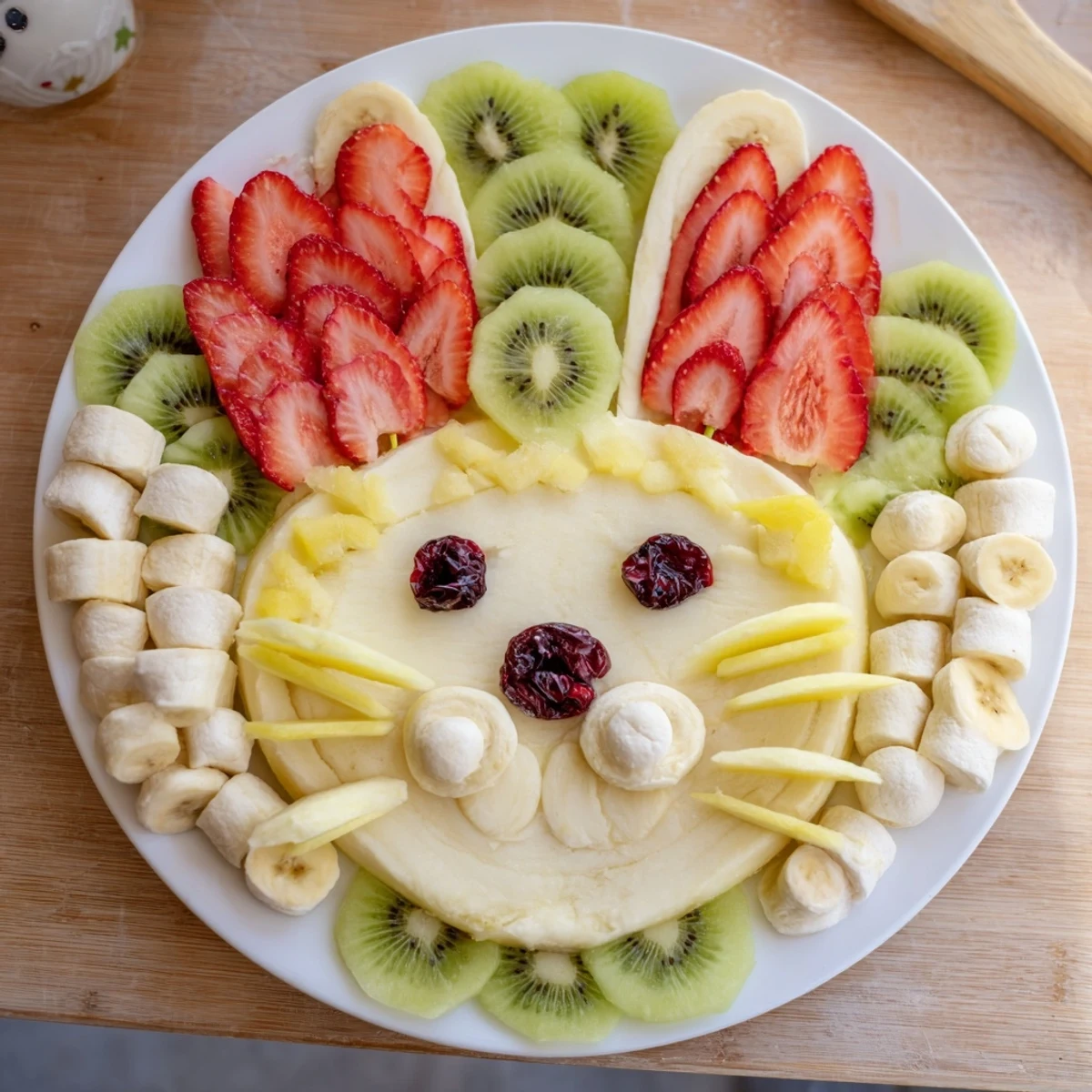 A colorful Bunny Face Fruit Salad Platter boasts kiwi ears, strawberry features, and a sweet, fruity nose.