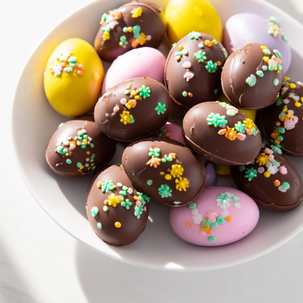 Close-up view of Easter Candy: Decorated Egg Candy Display, showcasing colorful, sprinkle-covered treats.
