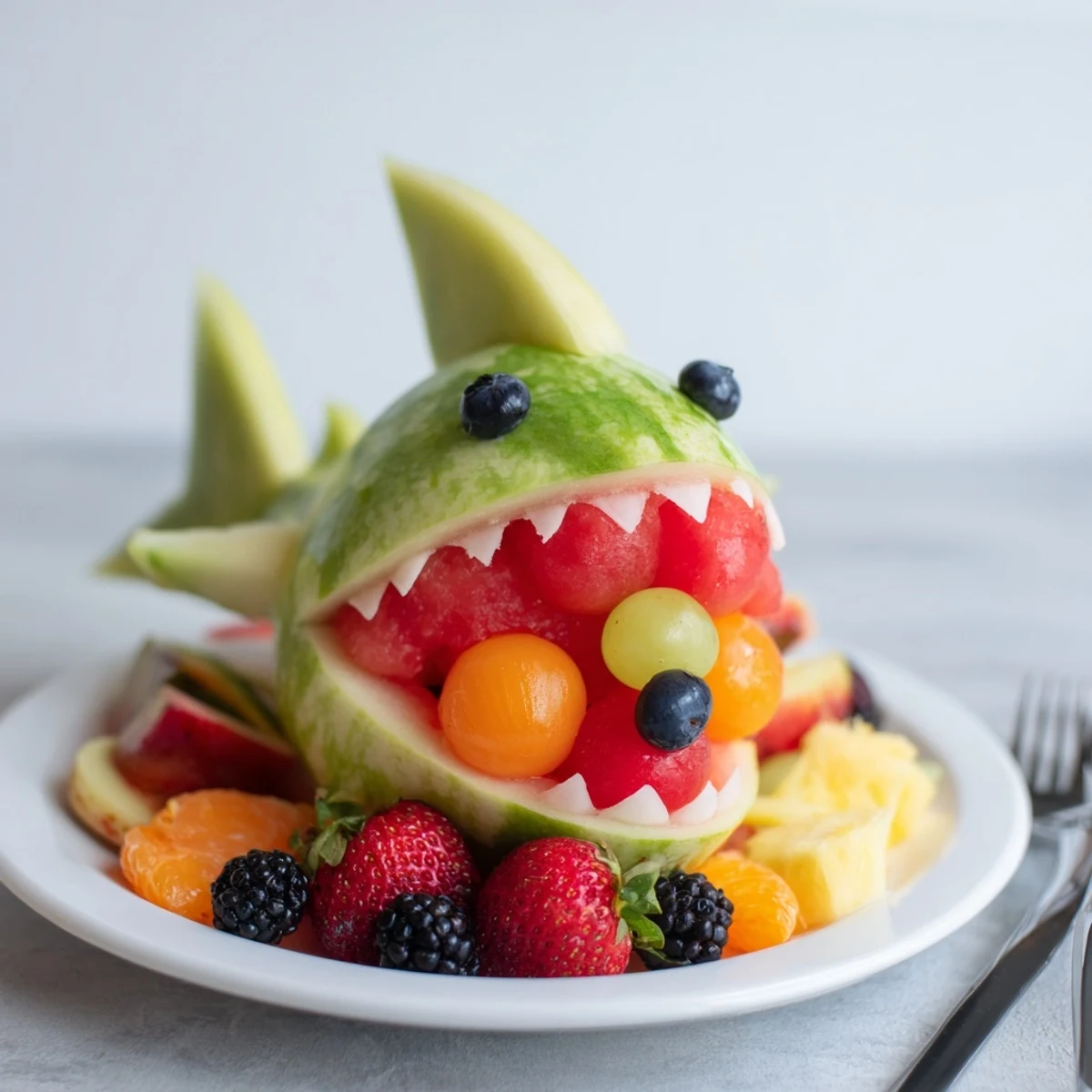 Vibrant Watermelon Shark Bite Board overflowing with colorful fruit, perfect for easy summer fun.