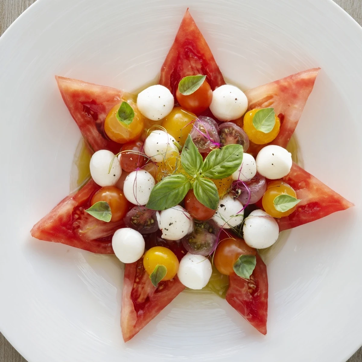 Vibrant Starfish Caprese Salad, featuring ripe tomatoes, creamy mozzarella, and basil arranged artfully.