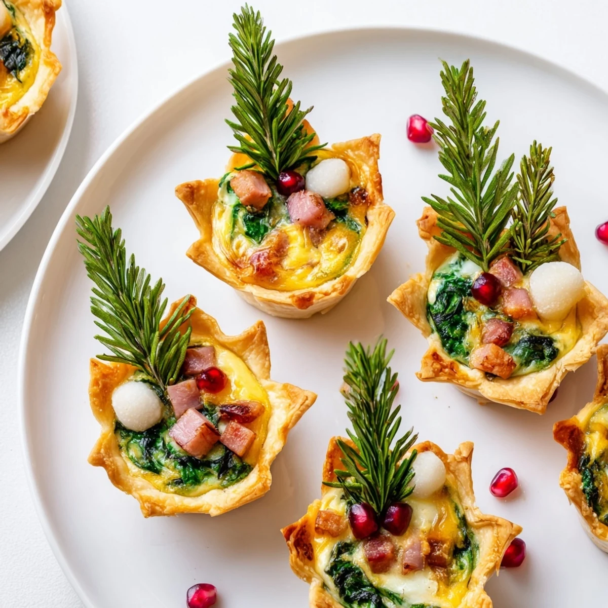 Mini Quiche Holiday Village Board: golden, flaky quiches artfully arranged on a festive platter with fresh greens and reds.