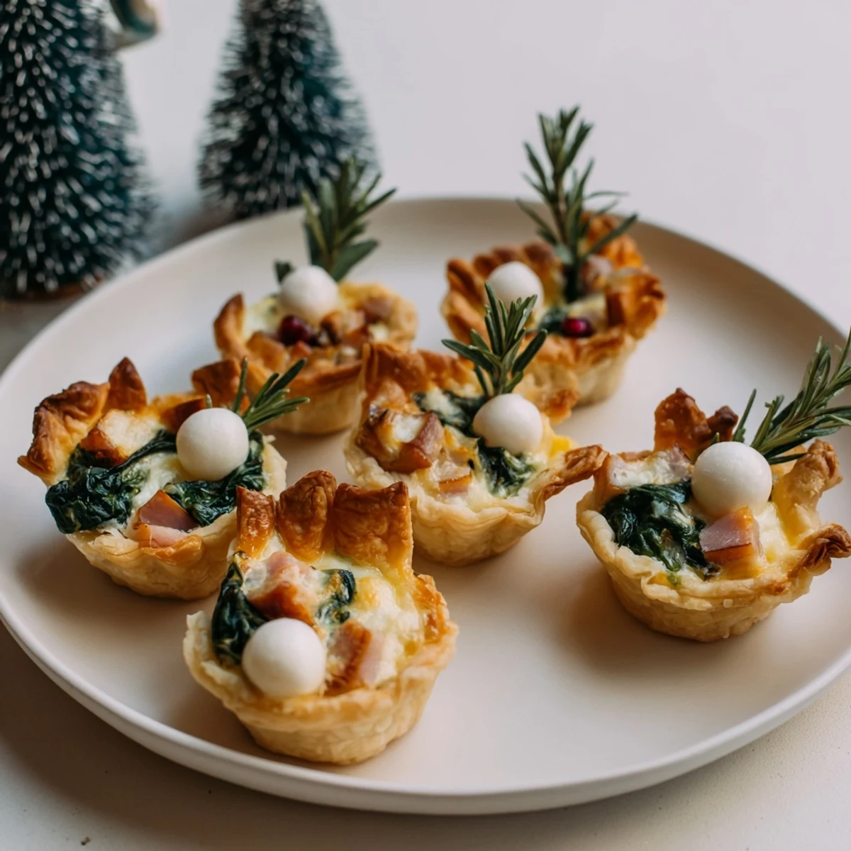 Delicious Mini Quiche Holiday Village Board features savory baked quiches, beautifully displayed with festive, colorful garnishes.