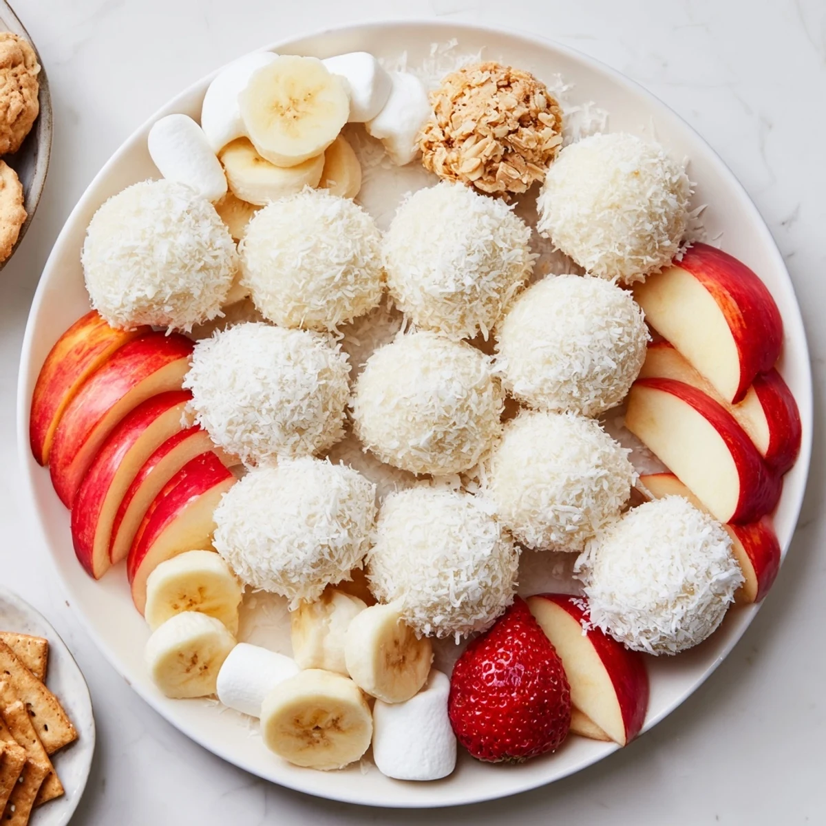 Creamy Marshmallow Snowball Dip Platter, a delightful dessert with coconut-covered snowballs and fresh fruit.