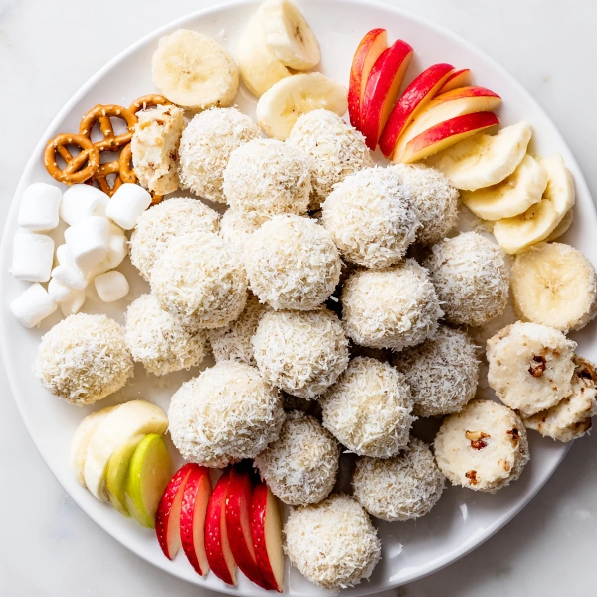 This festive Marshmallow Snowball Dip Platter features snowy coconut balls served with colorful, sweet dippers.
