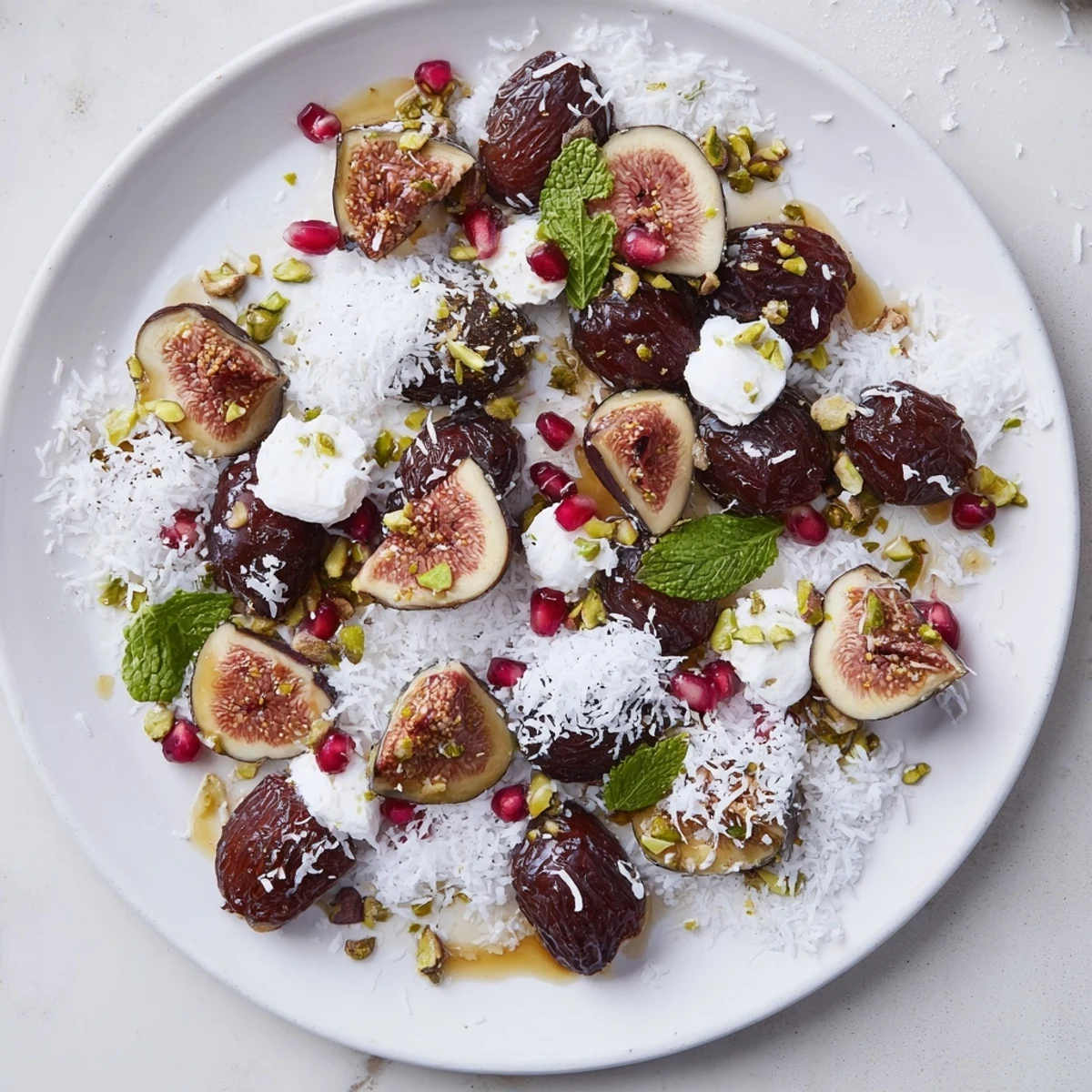 Beautiful Winter Fruit: Fig and Date Snowdrift Platter with sugared figs, a perfect holiday dessert.