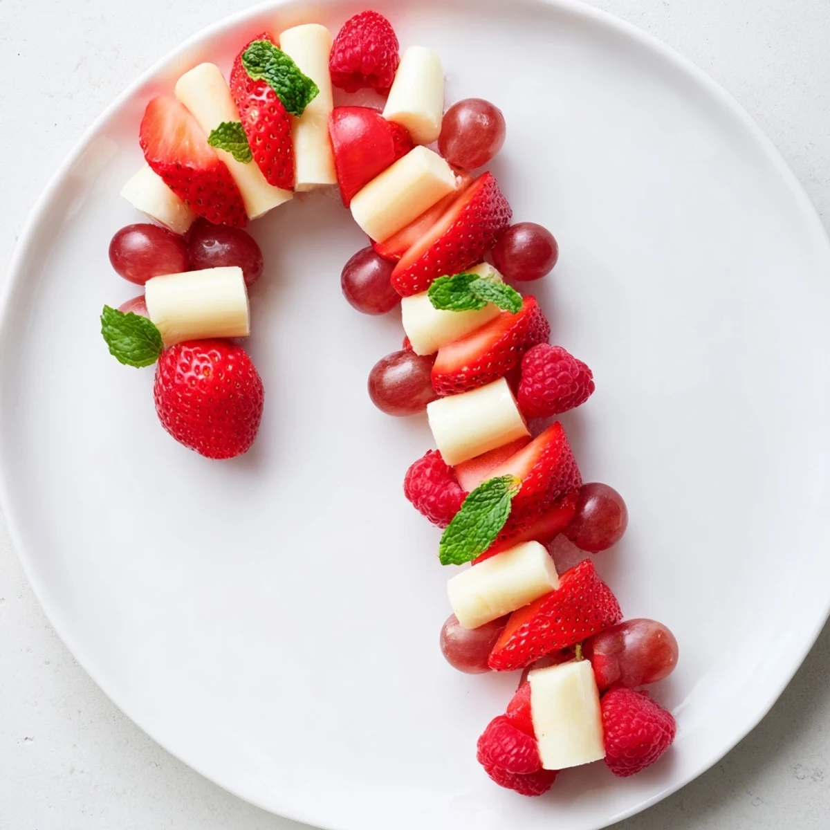 Vibrant Candy Cane Stripe Fruit and Cheese appetizer: Red fruits and white cheeses arranged festively for a holiday treat.