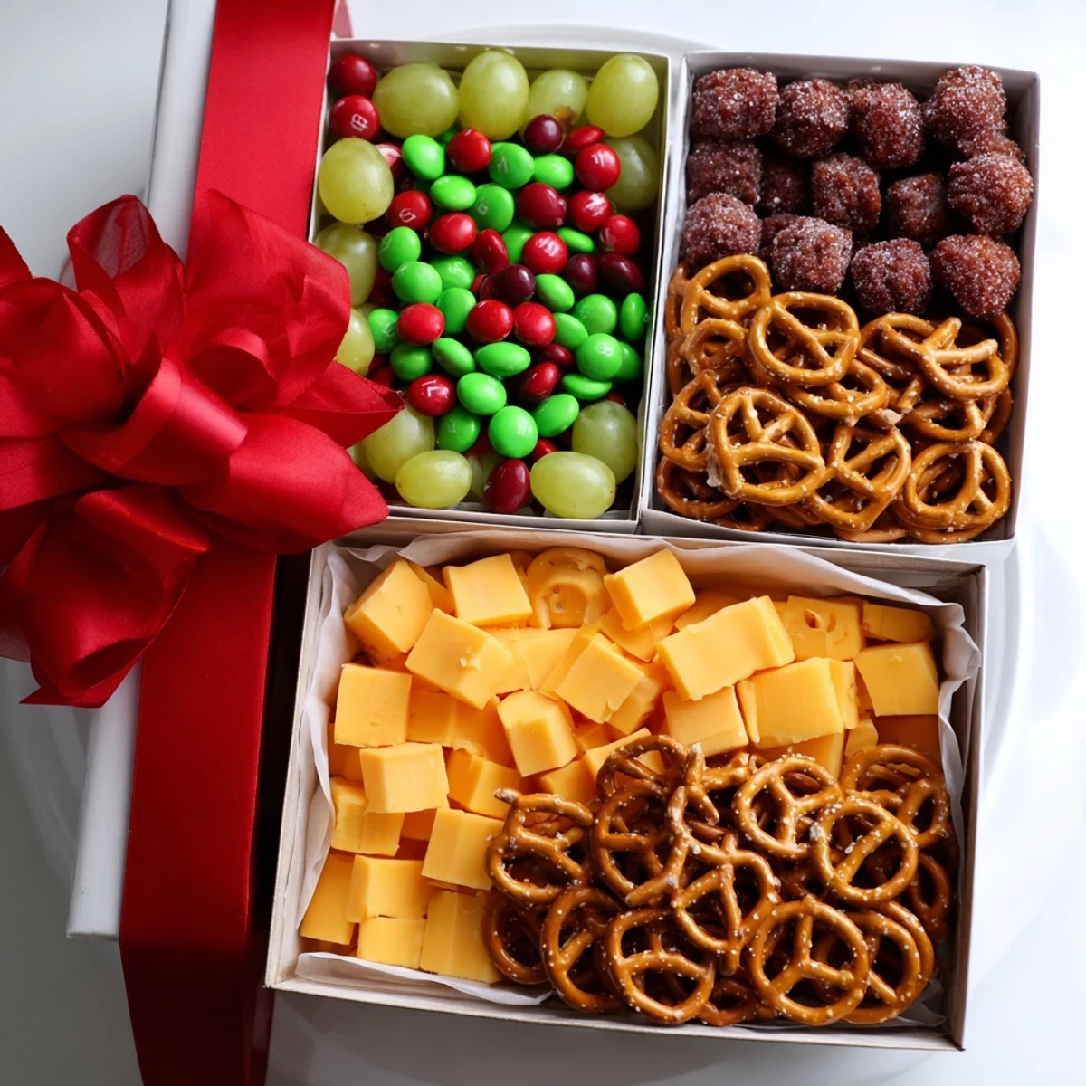 Stacked Christmas Gift Snack Tower, a colorful holiday delight, stacked with treats and tied with festive ribbons.