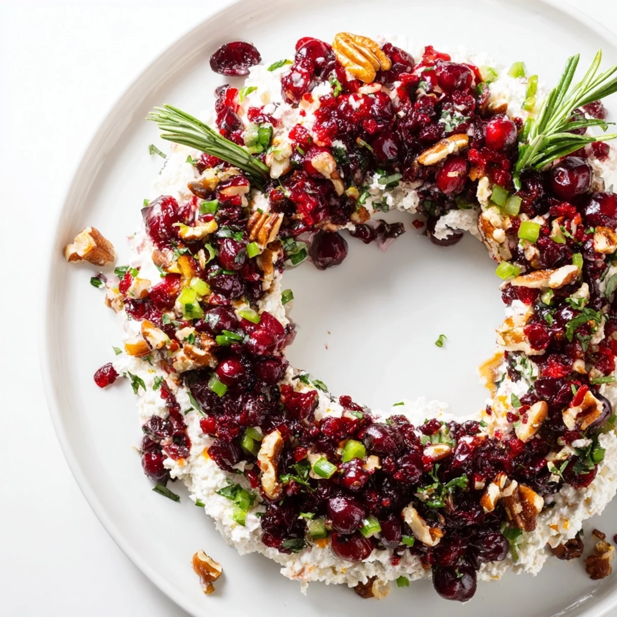Festive cranberry feta dip wreath garnished with rosemary, perfect for holiday gatherings.