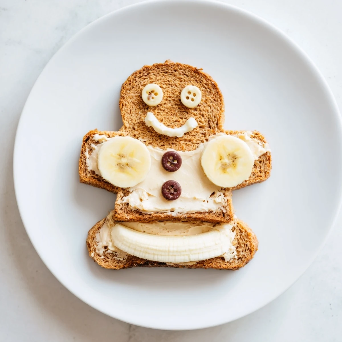 Gingerbread Man Sandwich cutouts, playfully decorated with fruit, ready for a kid's lunch or snack.