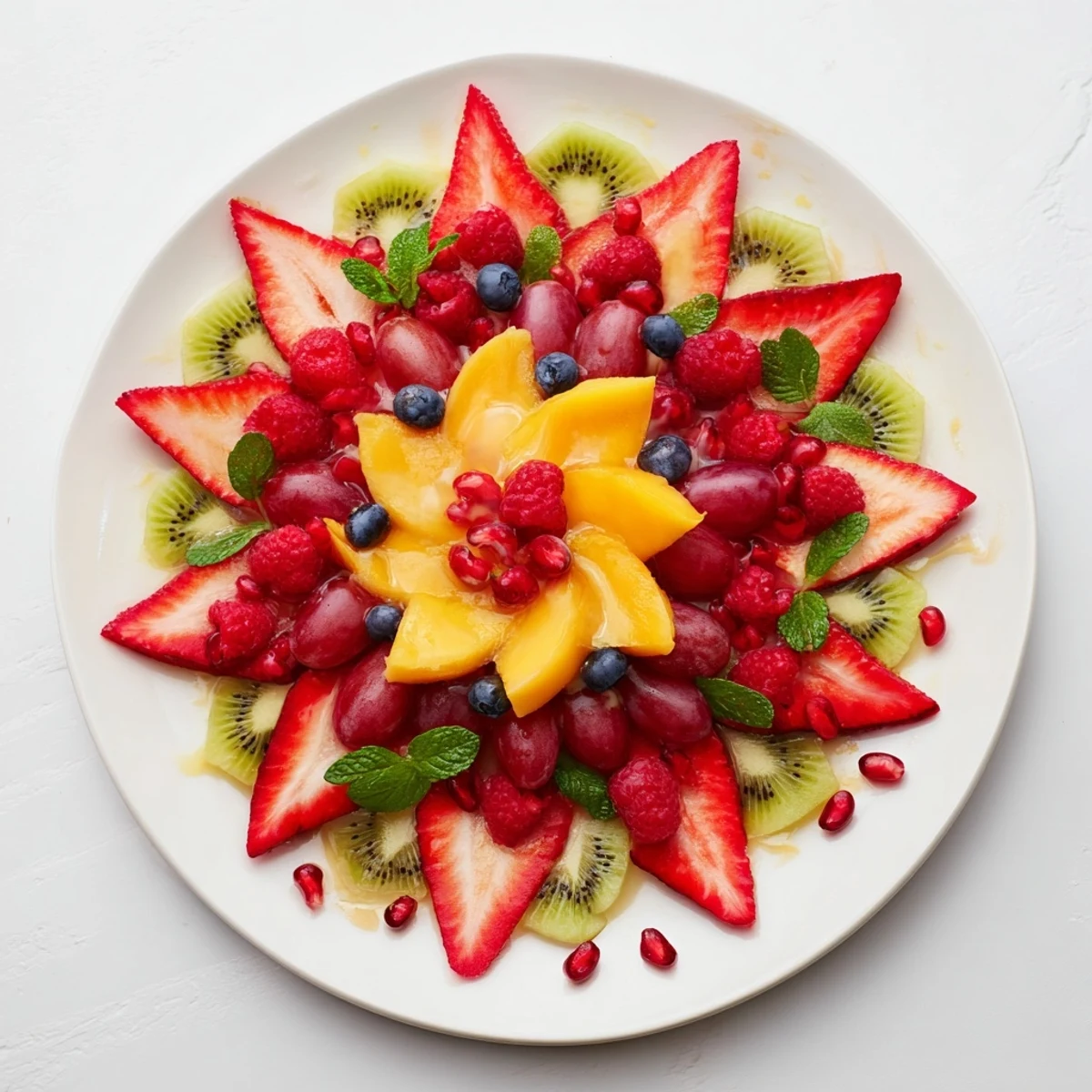 Festive Poinsettia Fruit Bowl creation with bright red strawberries, juicy raspberries, and sweet grapes.