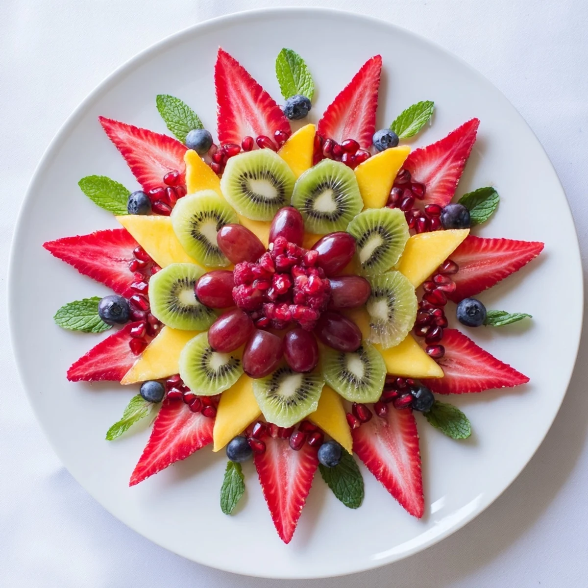 Vibrant Festive Poinsettia Fruit Bowl features refreshing fruits artfully arranged for a holiday brunch.