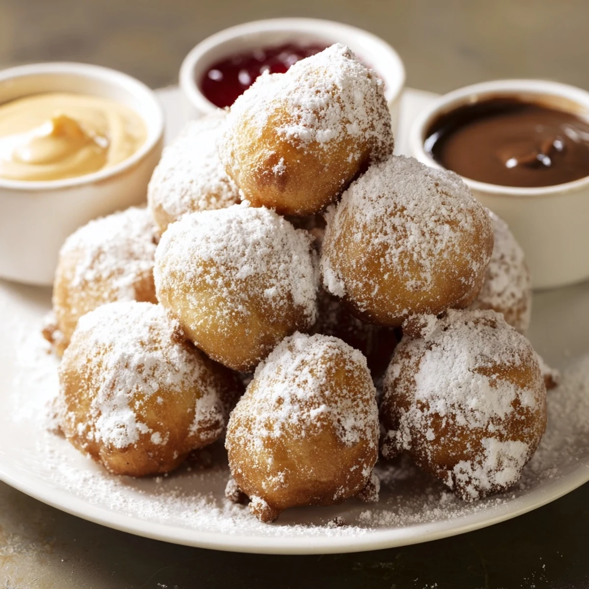 A towering mountain of powdered donut holes, a classic American dessert, ready to be enjoyed.