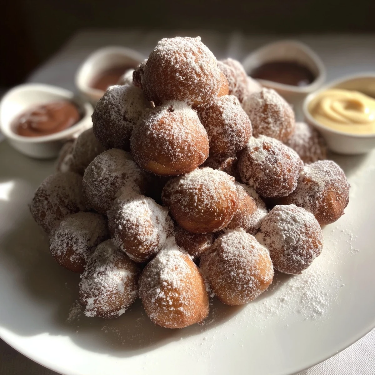 Warm, fluffy powdered donut holes piled high on a platter, ready to be dipped into a sauce.