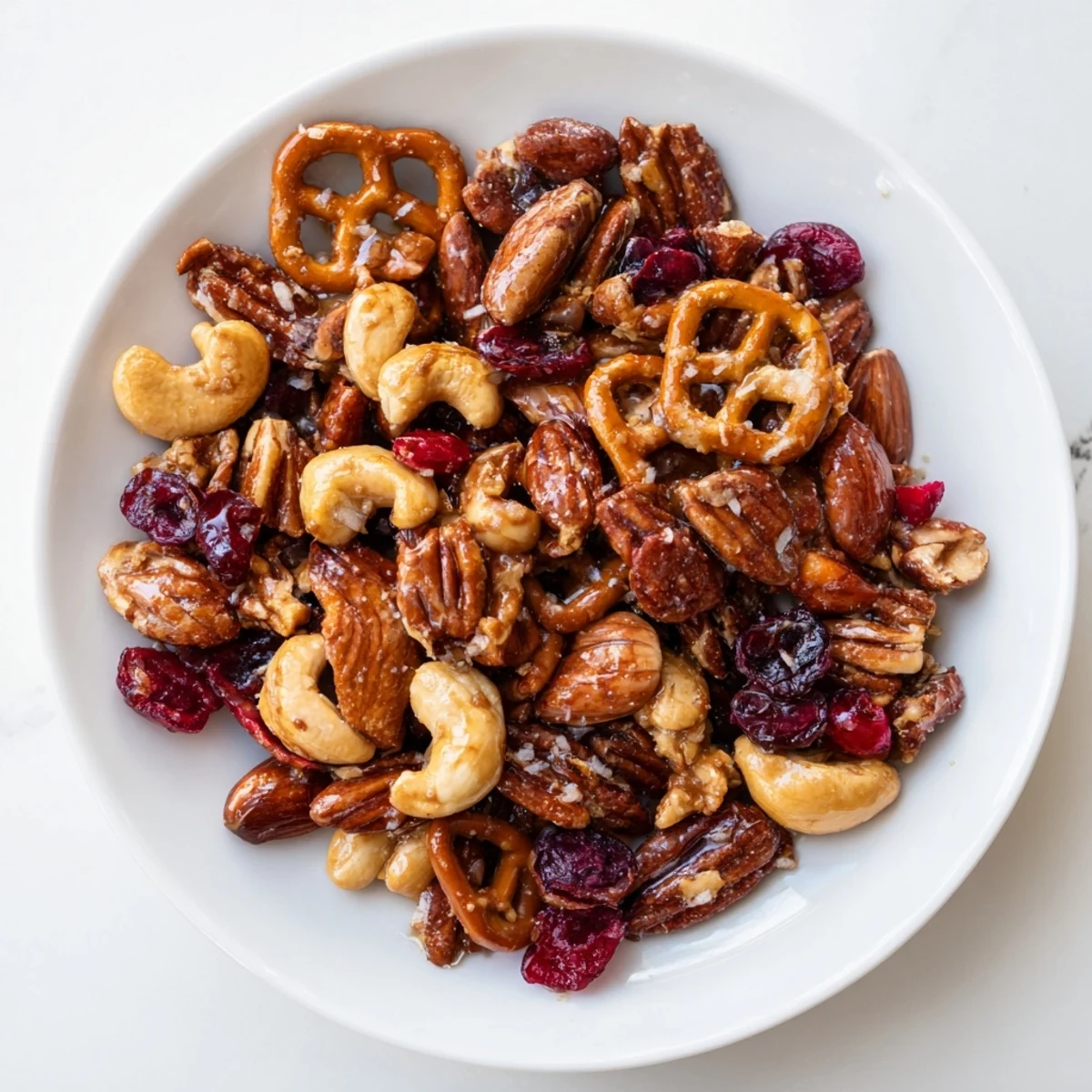 Golden, roasted Sweet and Salty Holiday Nut Bowl filled with crunchy pretzels and cranberries.