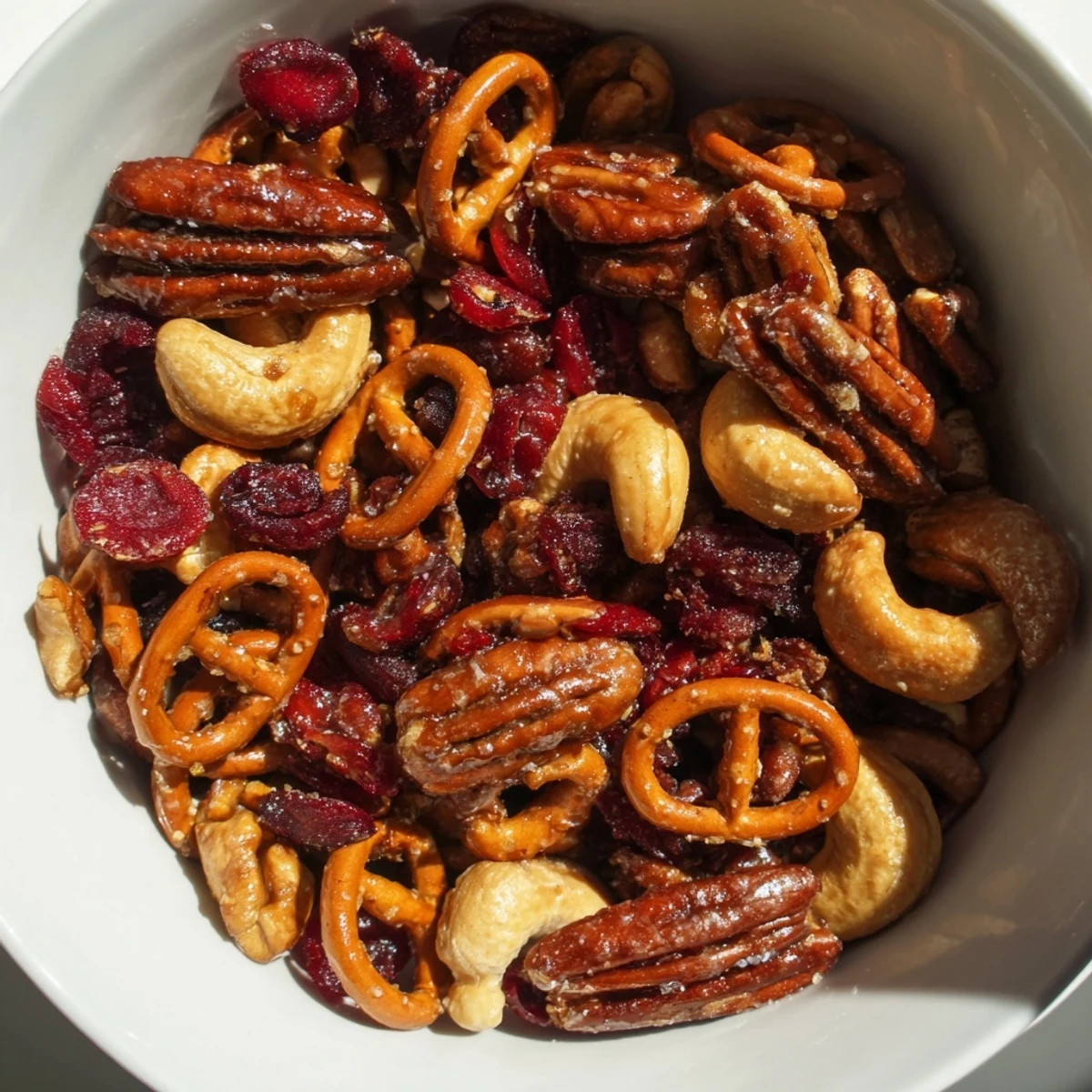 Close-up of a festive Sweet and Salty Holiday Nut Bowl: a perfect snack with holiday flavors.