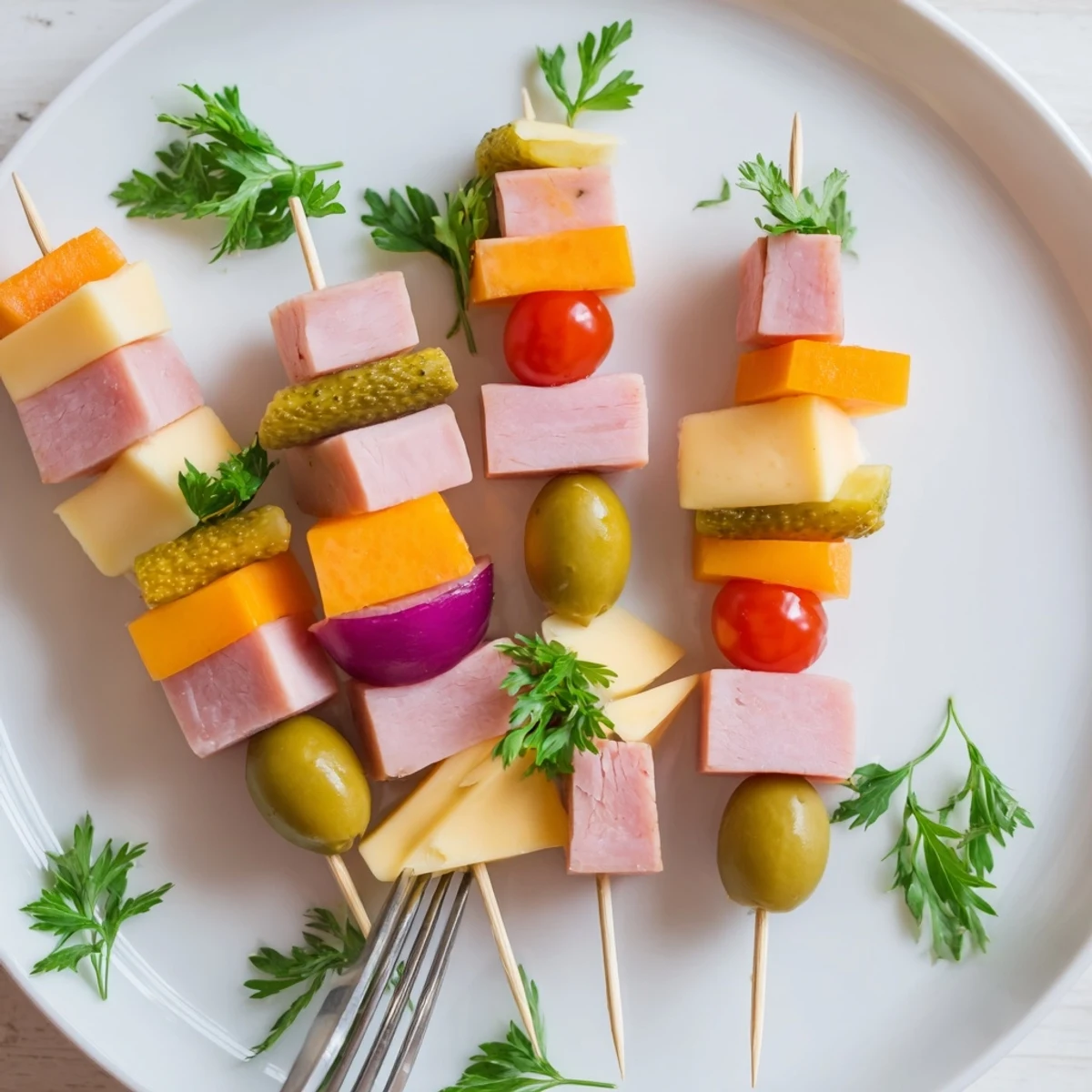 These Savory Skewers showcase tender ham and turkey paired with creamy cheese and tangy pickles, ready to eat!