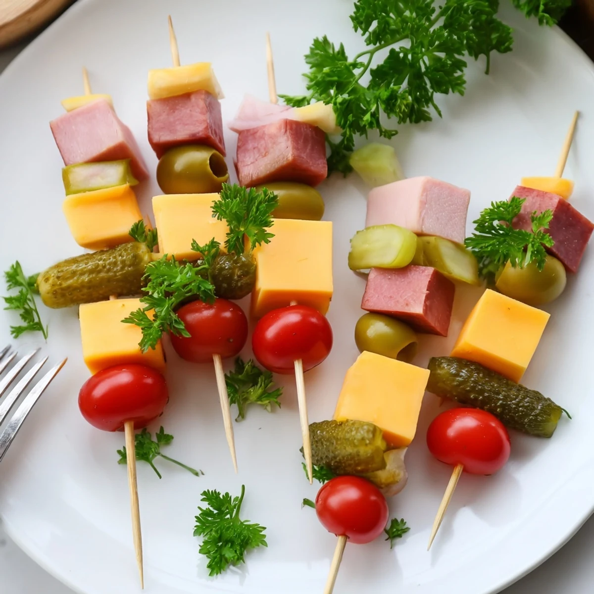 Savory Skewers offer a delightful mix. View the colorful arrangement of meat, cheese, and pickle cubes.