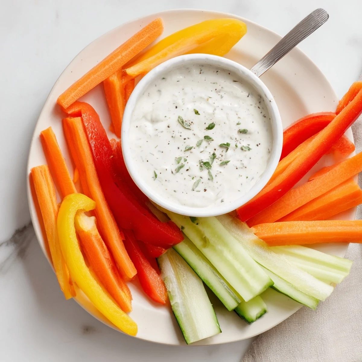 Creamy Kids Dip with ranch, served with colorful veggie sticks, perfect for a healthy snack.