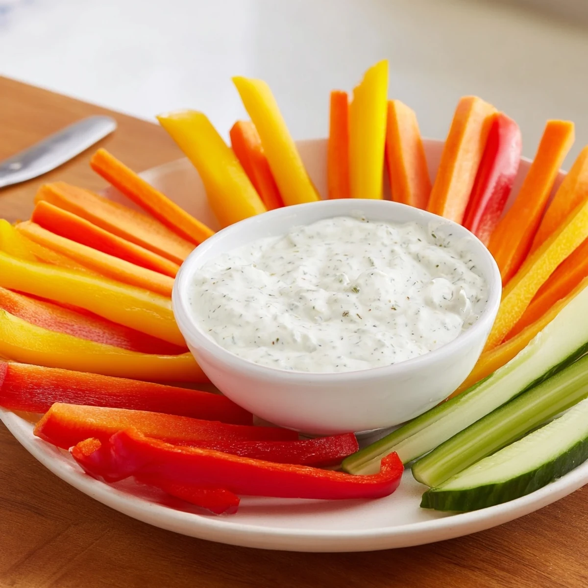 Freshly made Kids Dip: a vibrant bowl of dip surrounded by crisp carrot sticks and bell peppers.