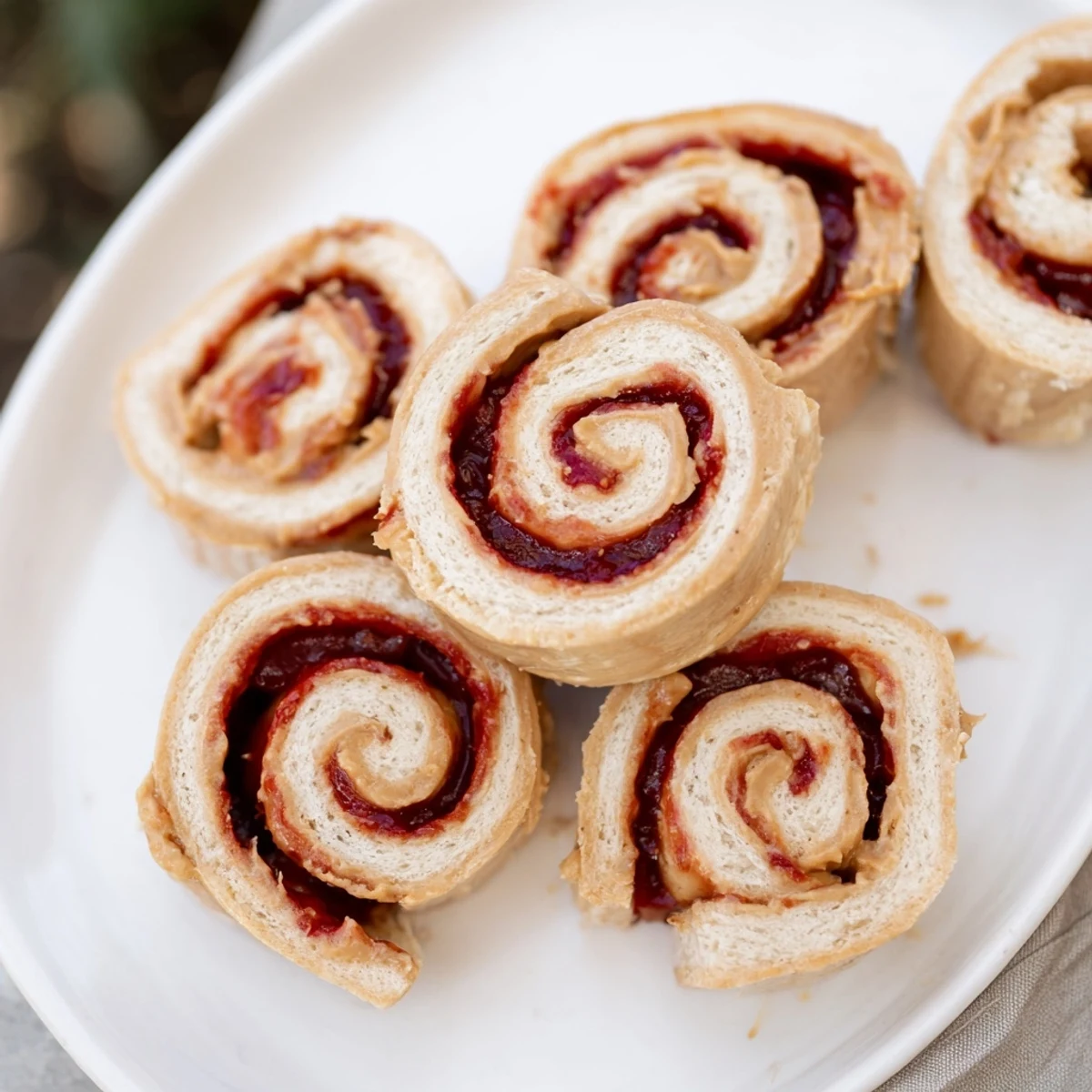 Quartered PB&J pinwheel rolls, showing vibrant swirls of peanut butter and jelly, ready to serve and enjoy.
