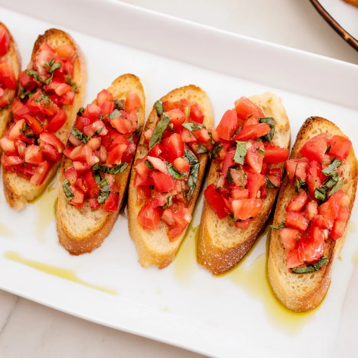 Golden toasted Bruschetta toasts, loaded with fresh tomatoes, basil, and garlic, ready to enjoy.