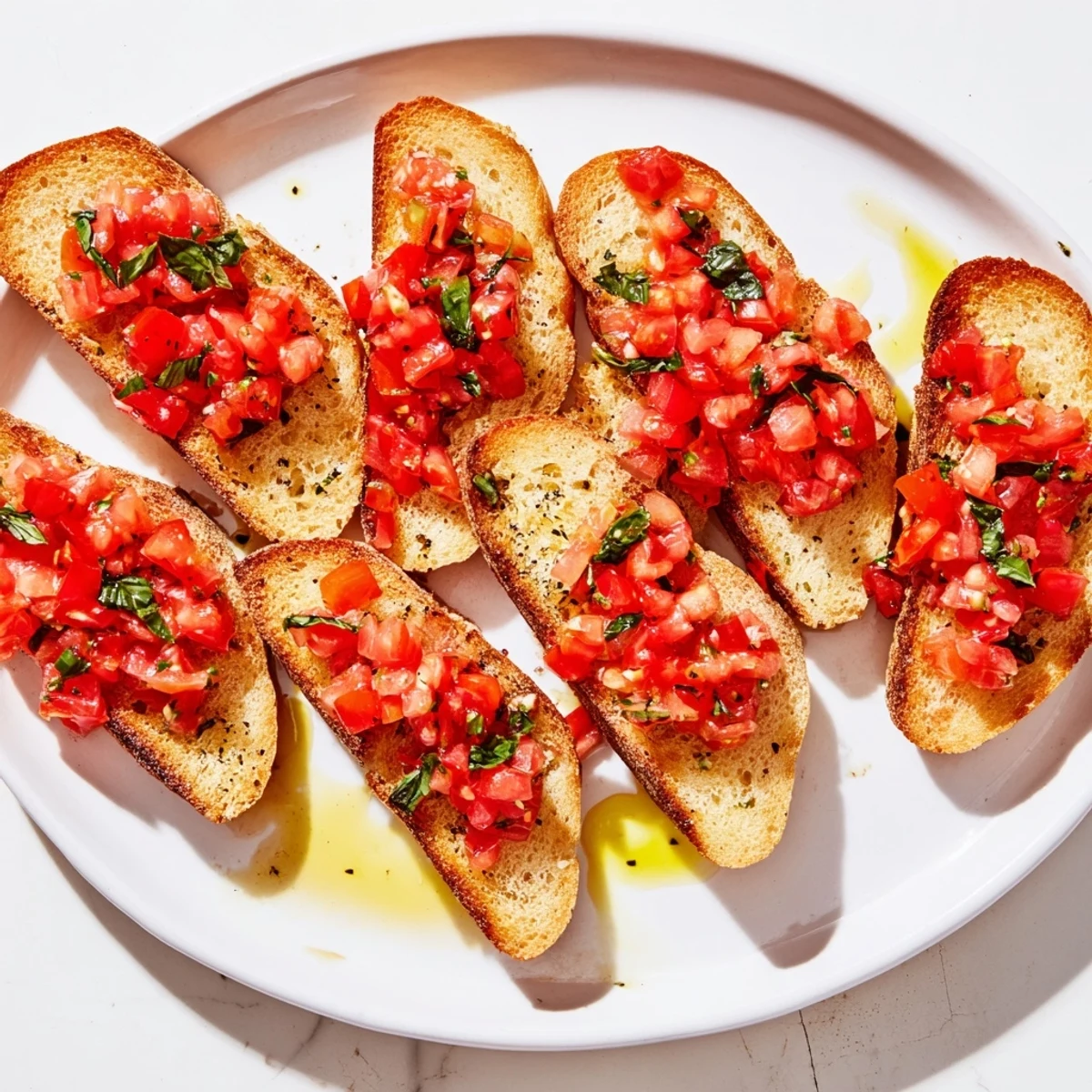 Perfectly arranged diagonal line of flavorful Bruschetta, showing off the delicious, vibrant toppings.