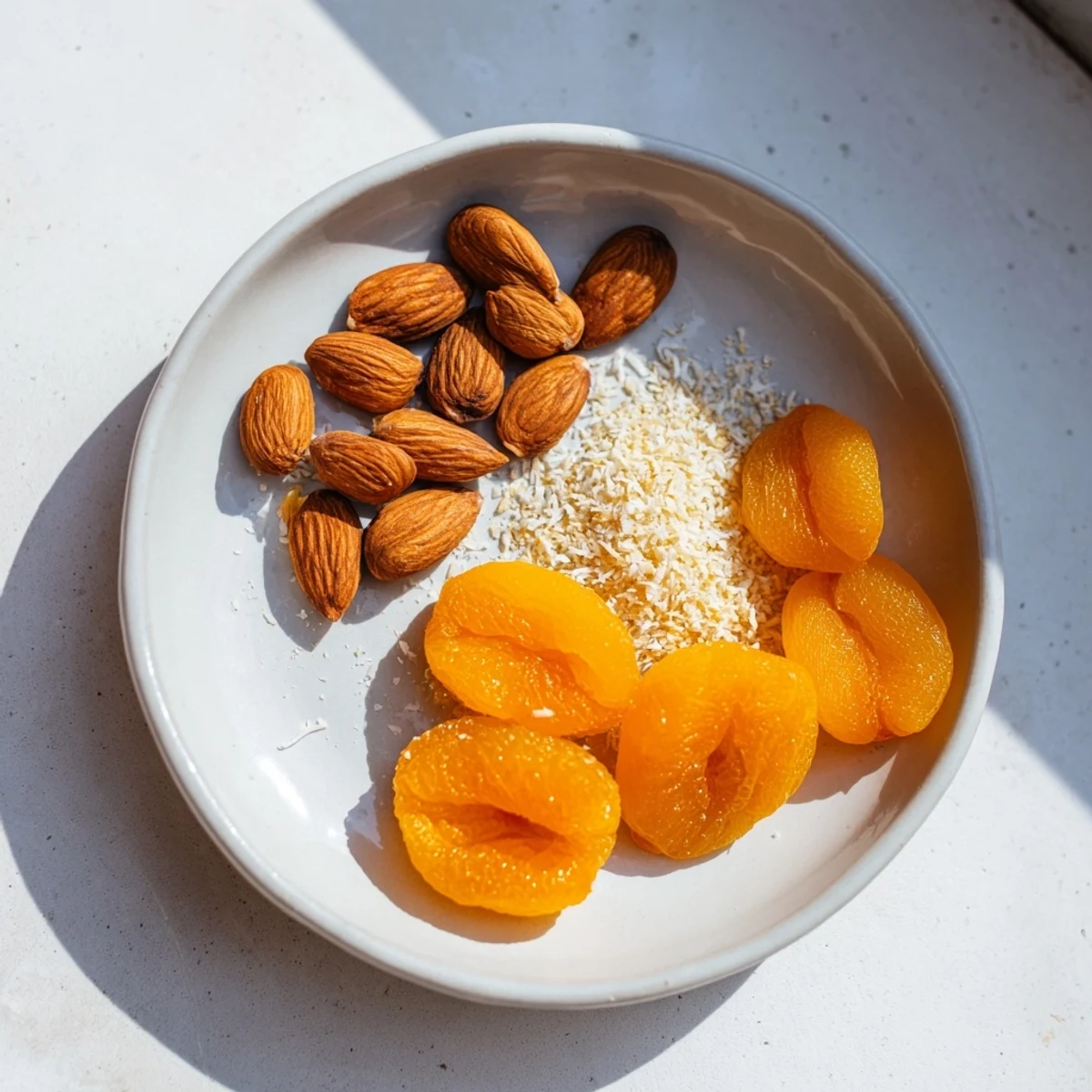 A delicious, colorful pile of almond and dried apricots, a simple snack ready in minutes.