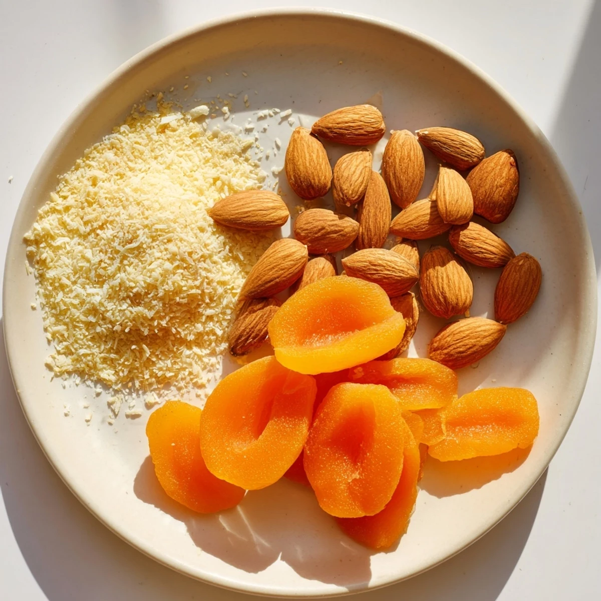 The healthy, vibrant mix of almonds and dried apricots piled beautifully, perfect anytime.