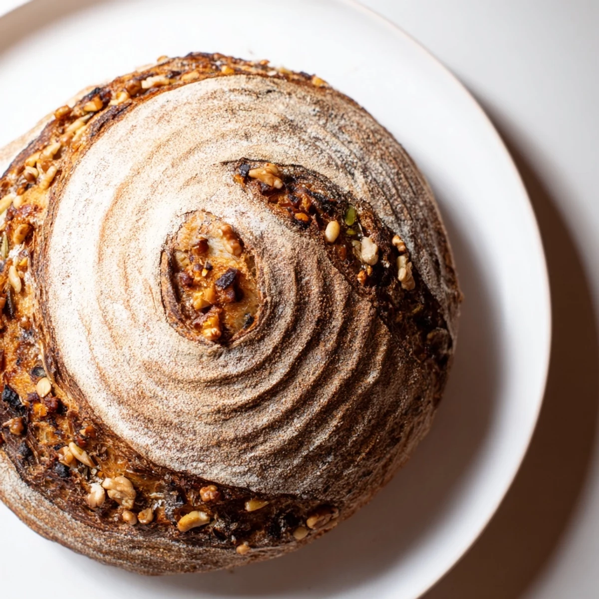 Crisp, golden-brown Fibonacci Spiral Growth Bread, showcasing a beautiful spiral pattern and seeded segments.