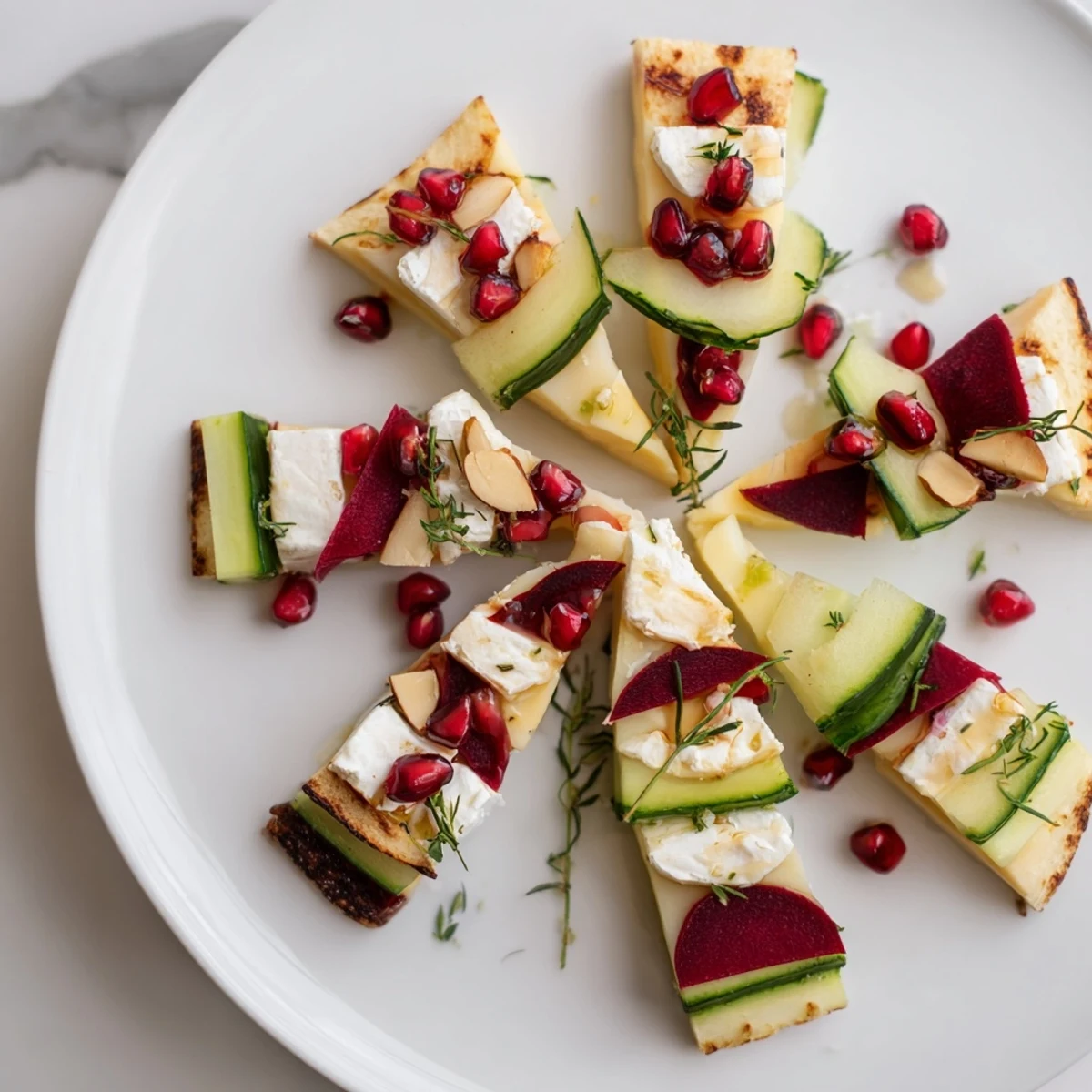 Beautifully arranged The Tessellation Triangle appetizer, showcasing a mosaic of textures and vibrant flavors.