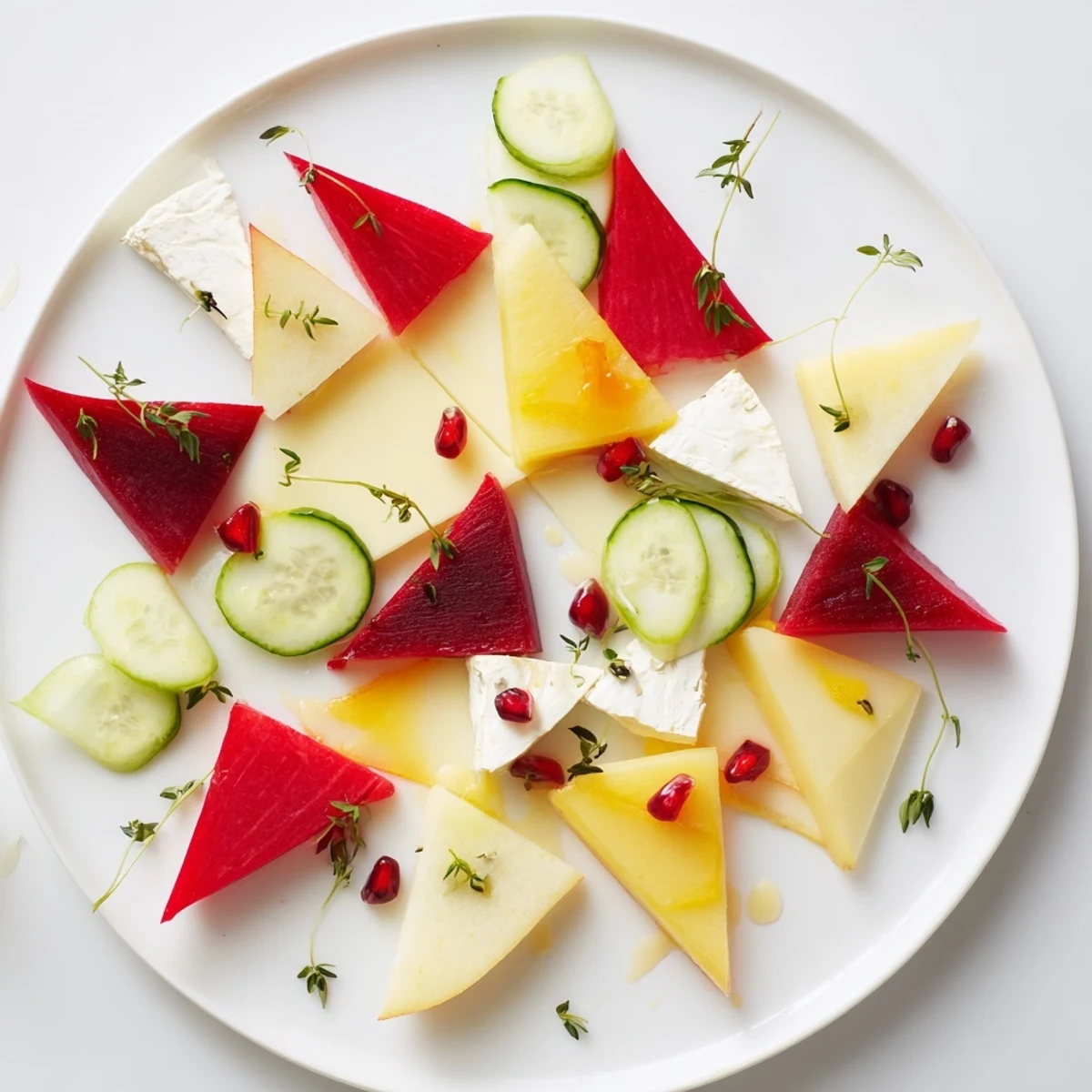 Delicious The Tessellation Triangle appetizer board with colorful fruit, cheese, and vegetable triangles.