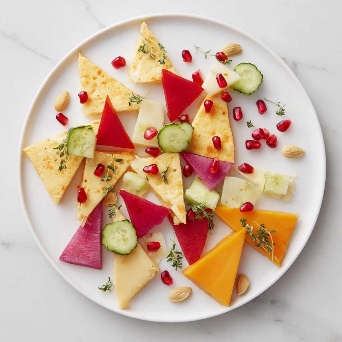 An impressive The Tessellation Triangle grazing board, ready to be enjoyed with flavorful ingredients, carefully sliced.