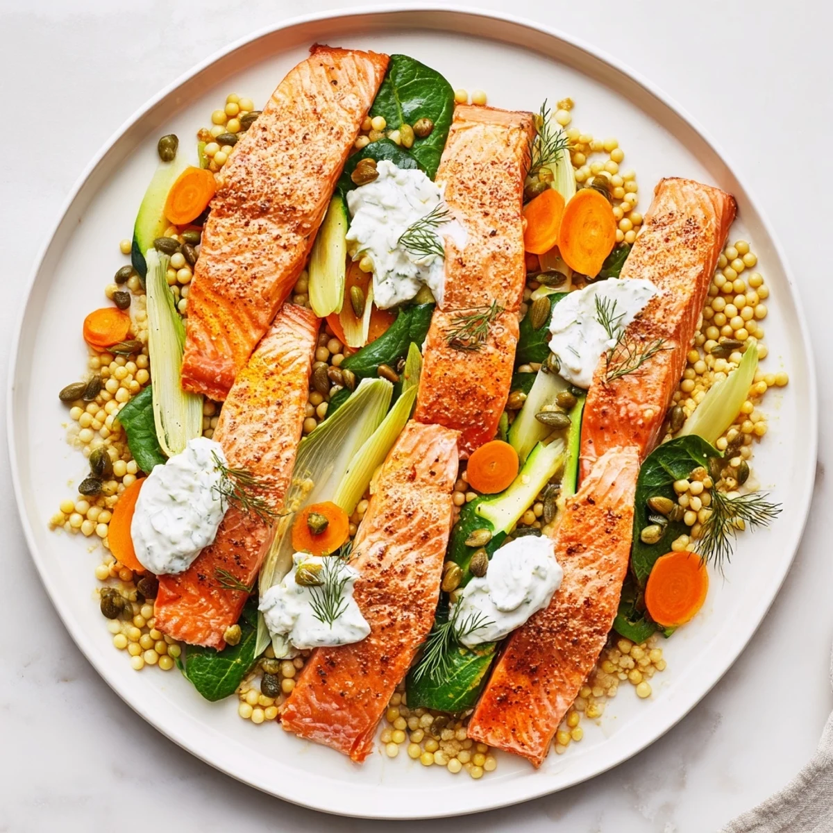 Artfully arranged The Infinity Loop Flow dish showcasing salmon, vegetables, and couscous in perfect harmony.