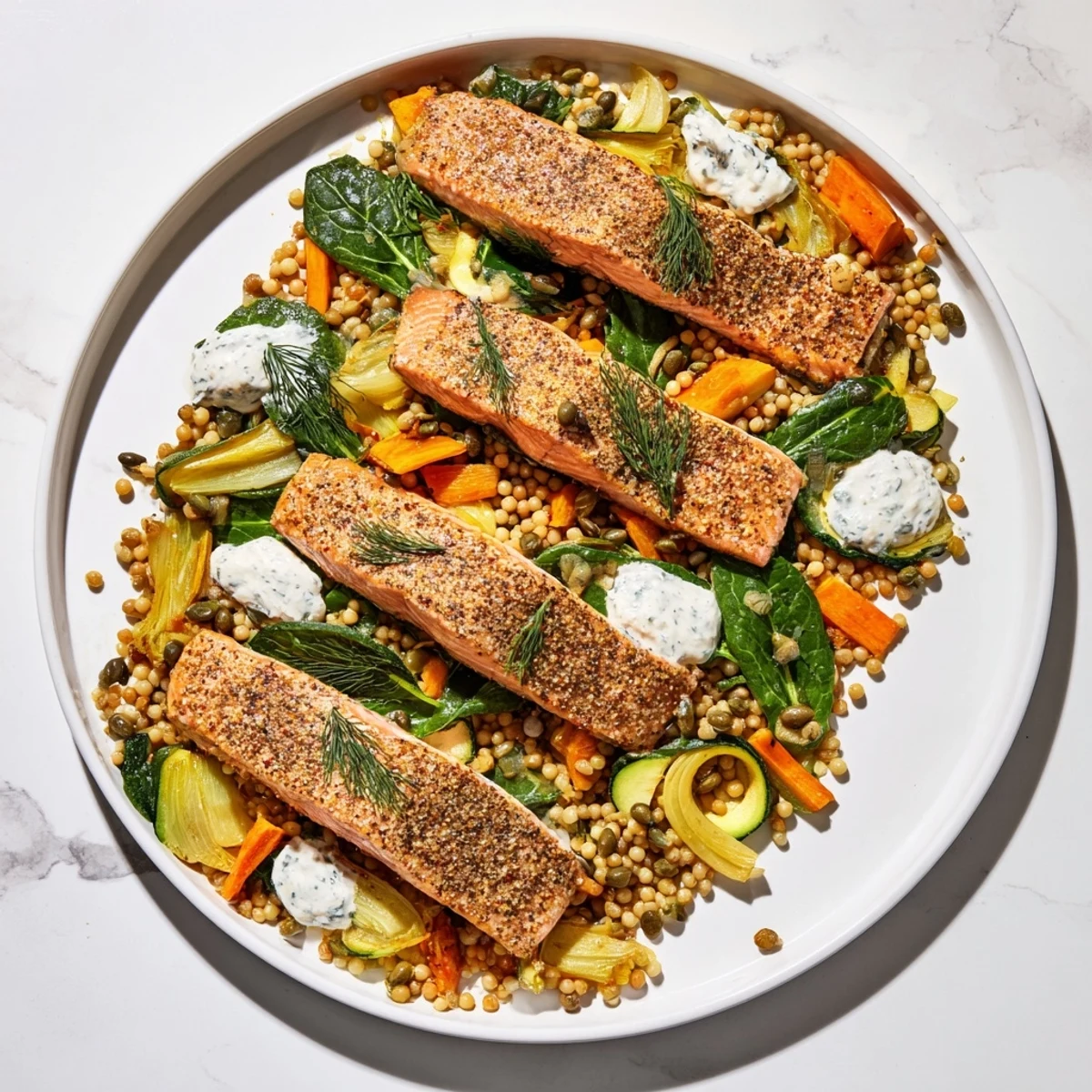 Elegant The Infinity Loop Flow main course features flaked salmon nestled in colorful, perfectly blanched veggies.