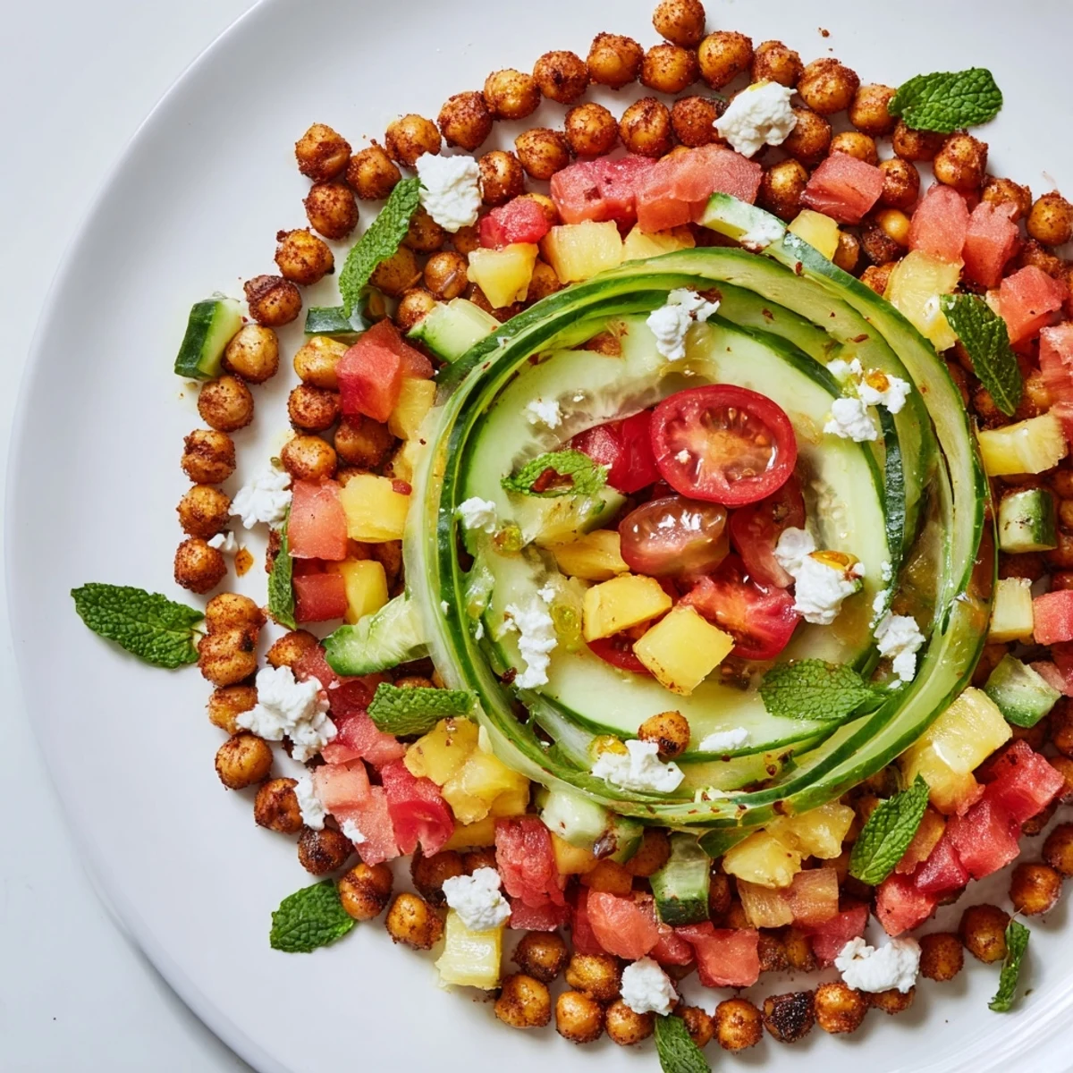 Vibrant concentric rings of flavor: a colorful appetizer featuring sweet pineapple and savory feta.