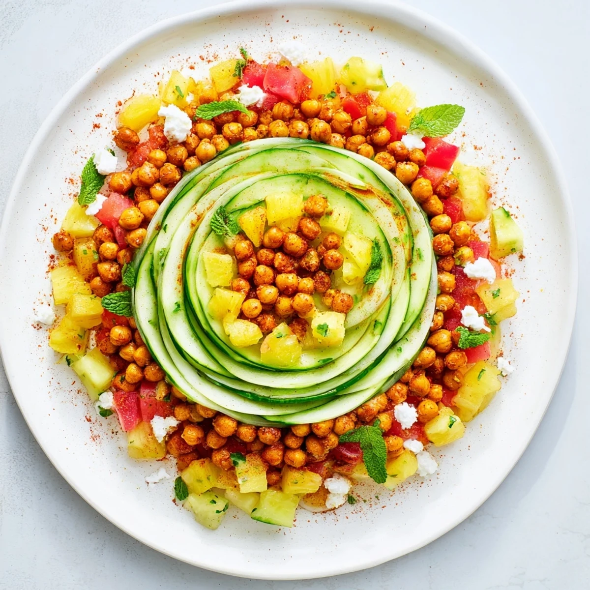 Beautifully arranged concentric rings of flavor; a vegetarian masterpiece with fresh, colorful ingredients.