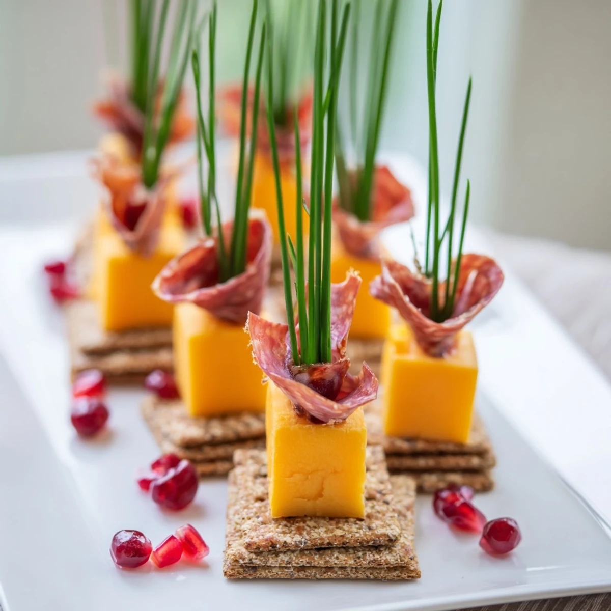 Layered Urban Skyline appetizer with colorful cheese and meat stacks ready to serve.