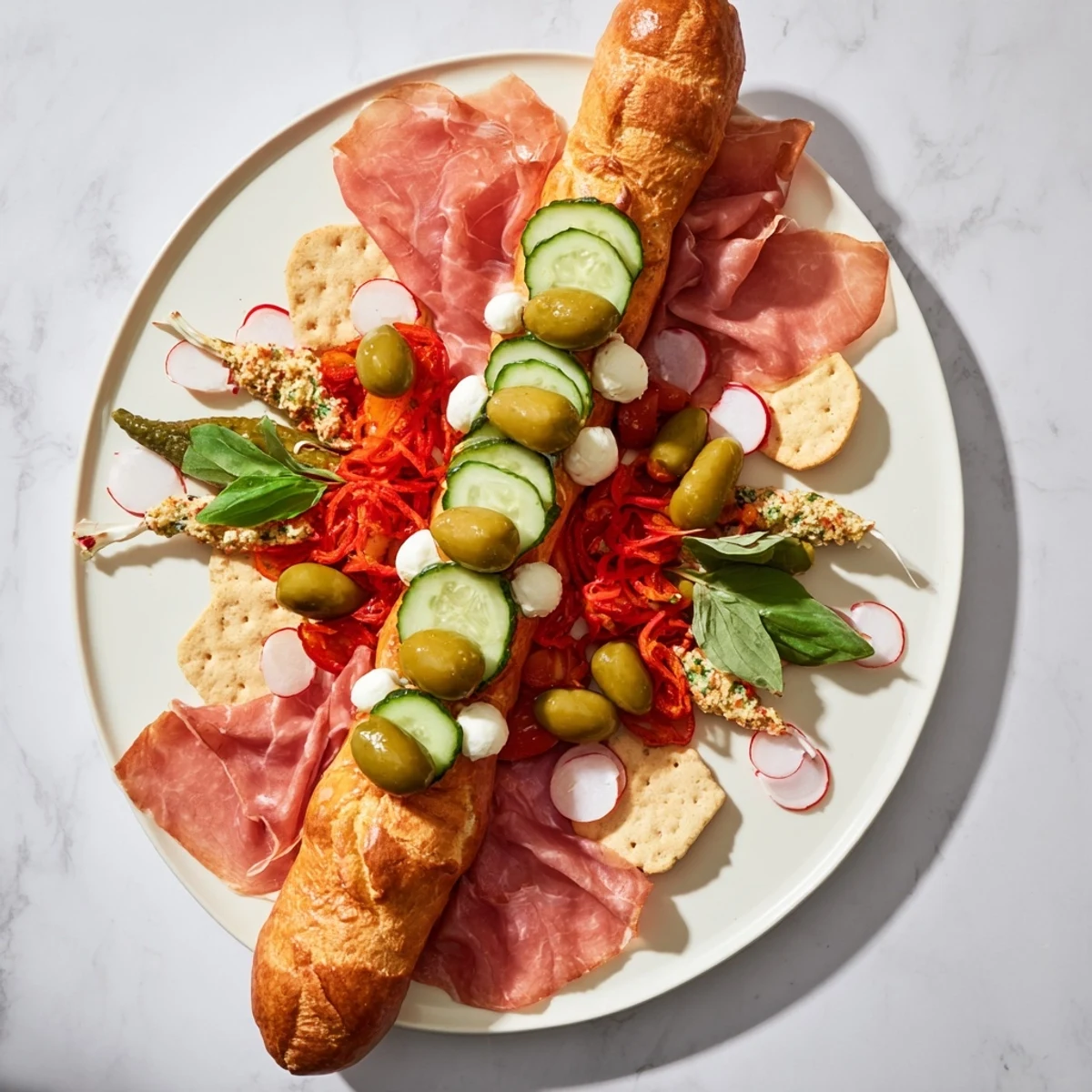 Appetizing Fractal Tree Branching Bread Platter with fresh basil leaves ready for a party.
