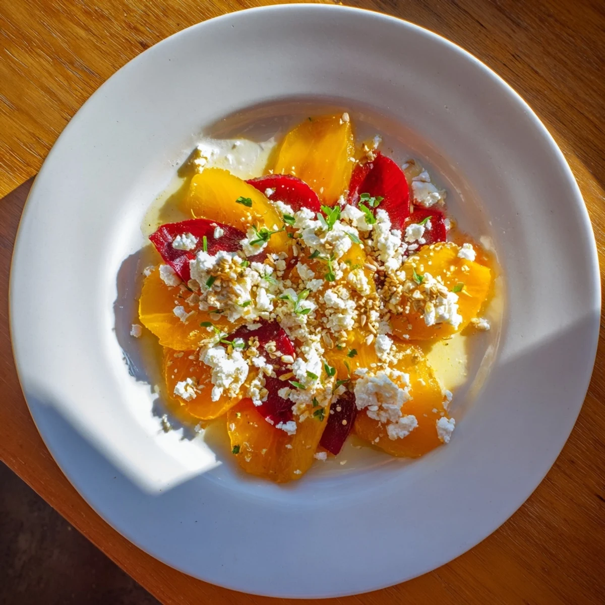 A gorgeous close-up shows a visually stunning Radial Symmetry Sunburst salad with creamy goat cheese at its heart.