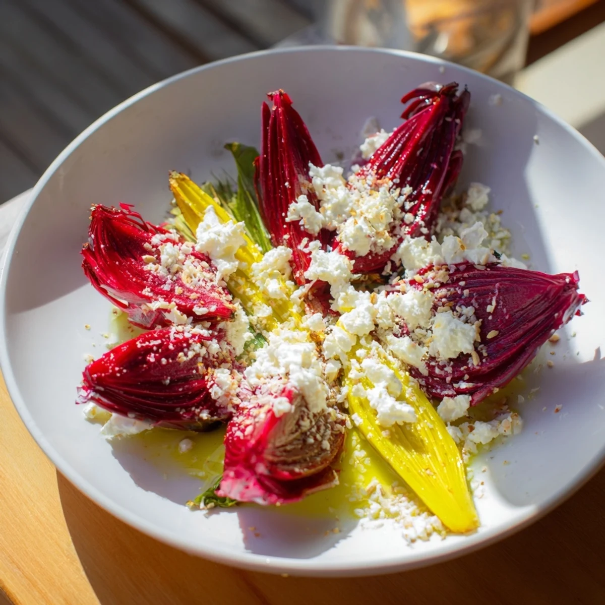Radial Symmetry Sunburst salad featuring vibrant, thinly sliced vegetables forming a colorful sun-like pattern, ready to serve.