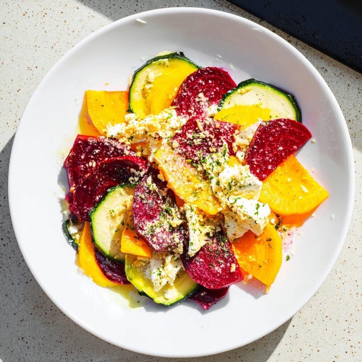 Enjoy a fresh, artistic Radial Symmetry Sunburst salad, displaying colorful veggie slices fanned out radiantly on a platter.