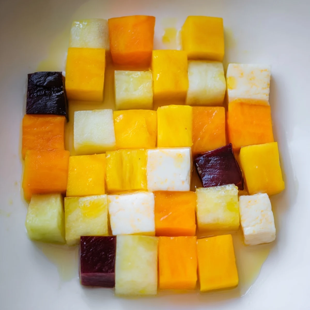 The vibrant Cube Geometry Study salad, showcasing precisely cubed fruits, vegetables, and feta.