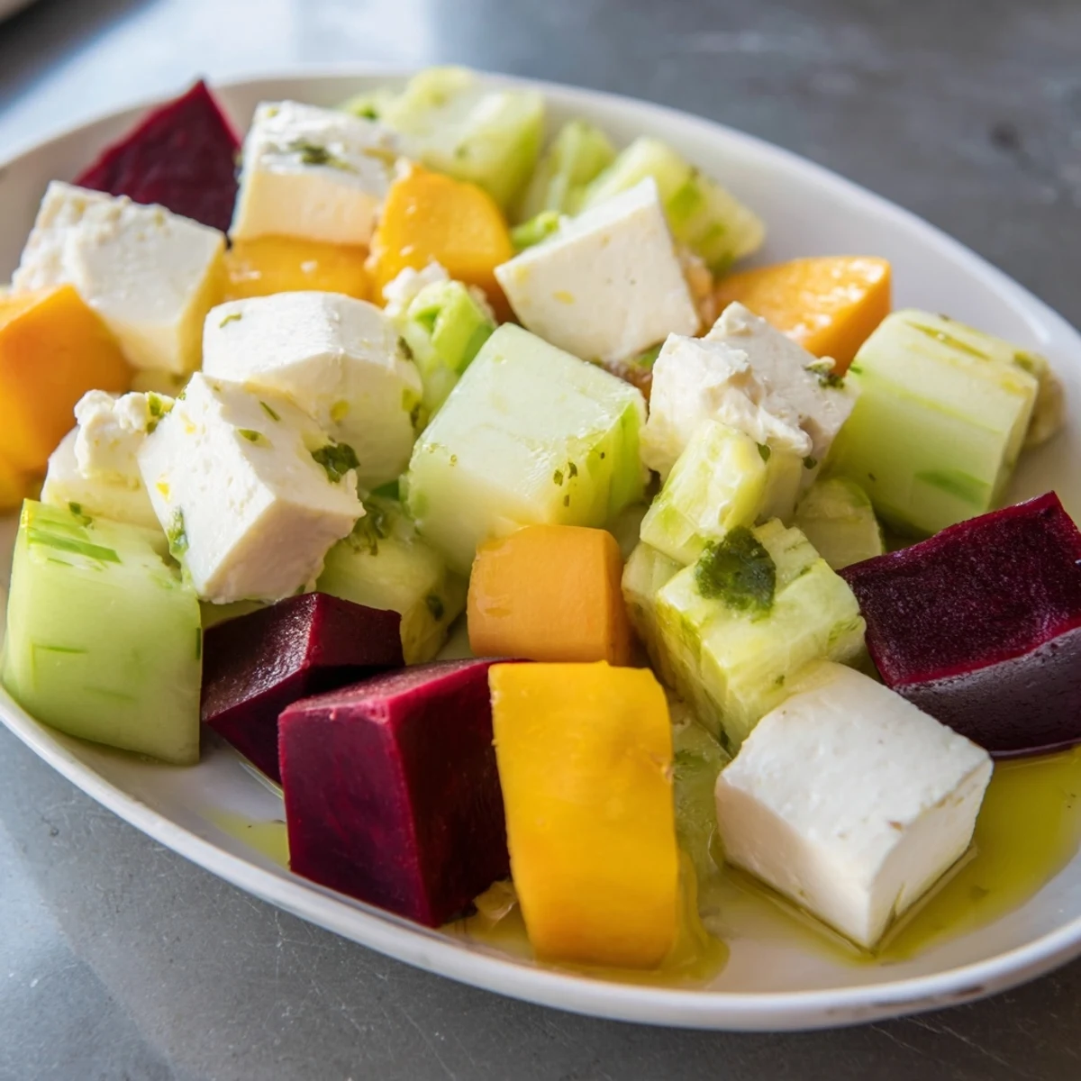 Close-up of the colorful Cube Geometry Study salad; feta and vibrant produce artfully arranged.