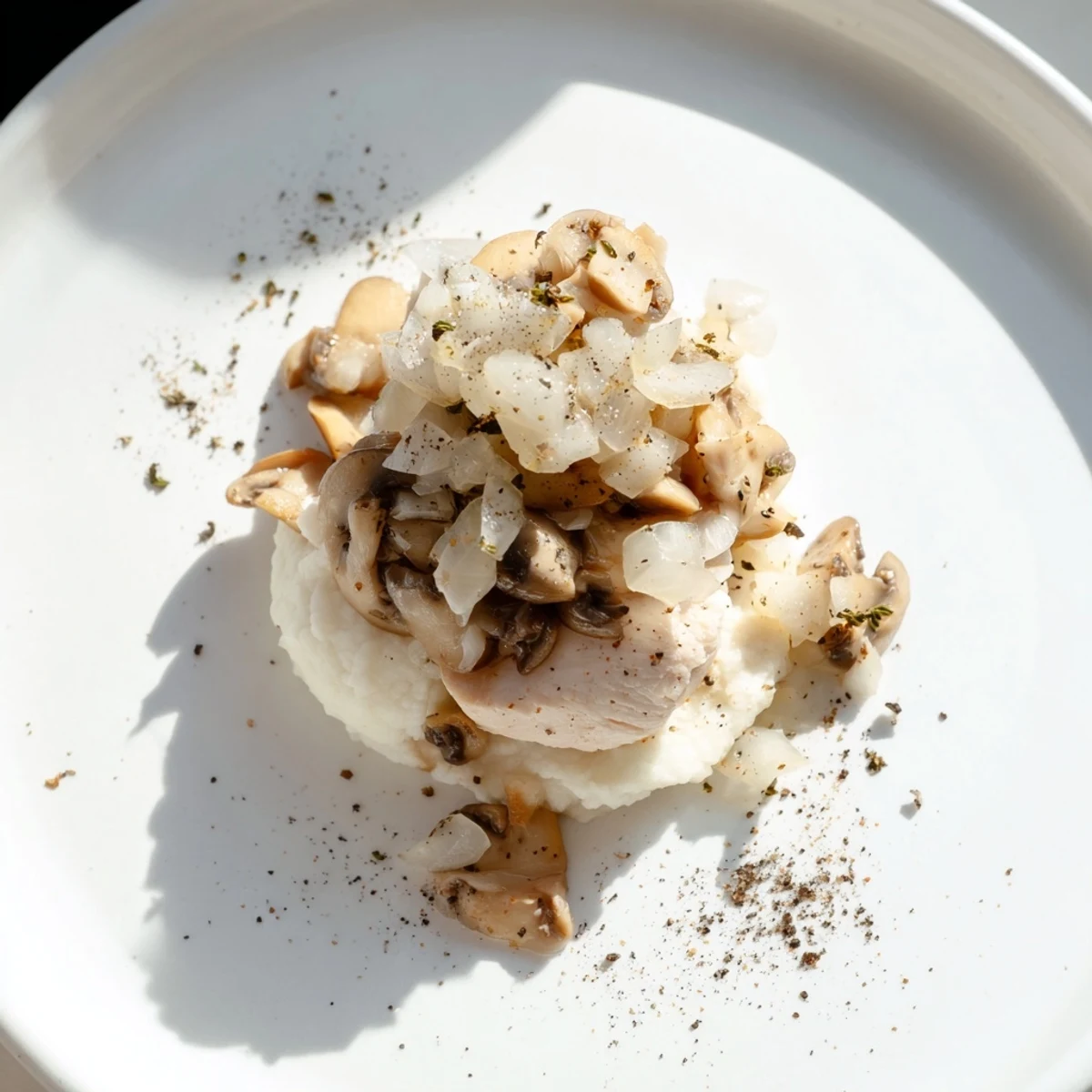 Tender poached chicken sits atop creamy cauliflower purée in this Ghostly Gala dish.