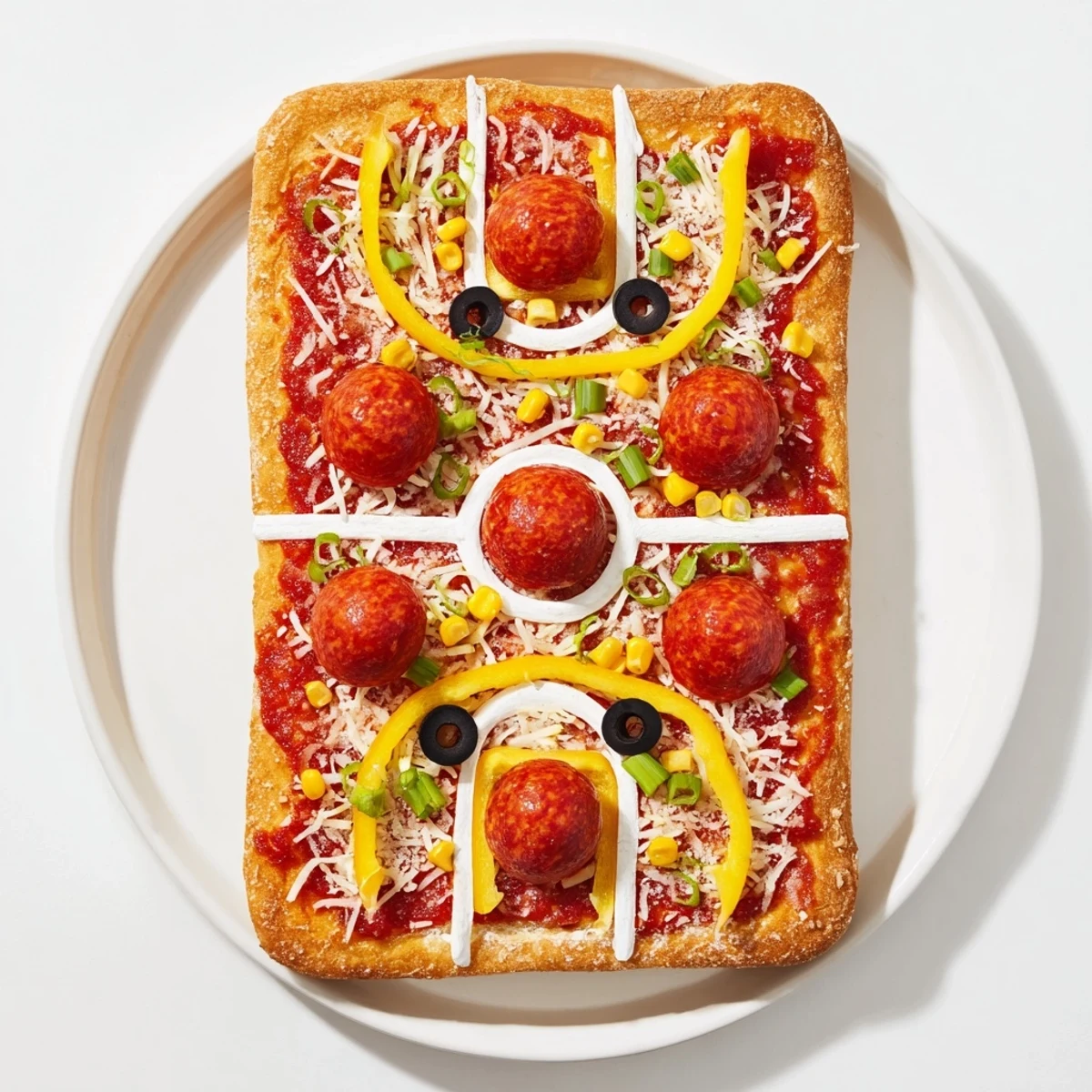 A colorful Basketball Court Pizza, bubbly cheese and pepperoni toppings, perfect for game night eats.